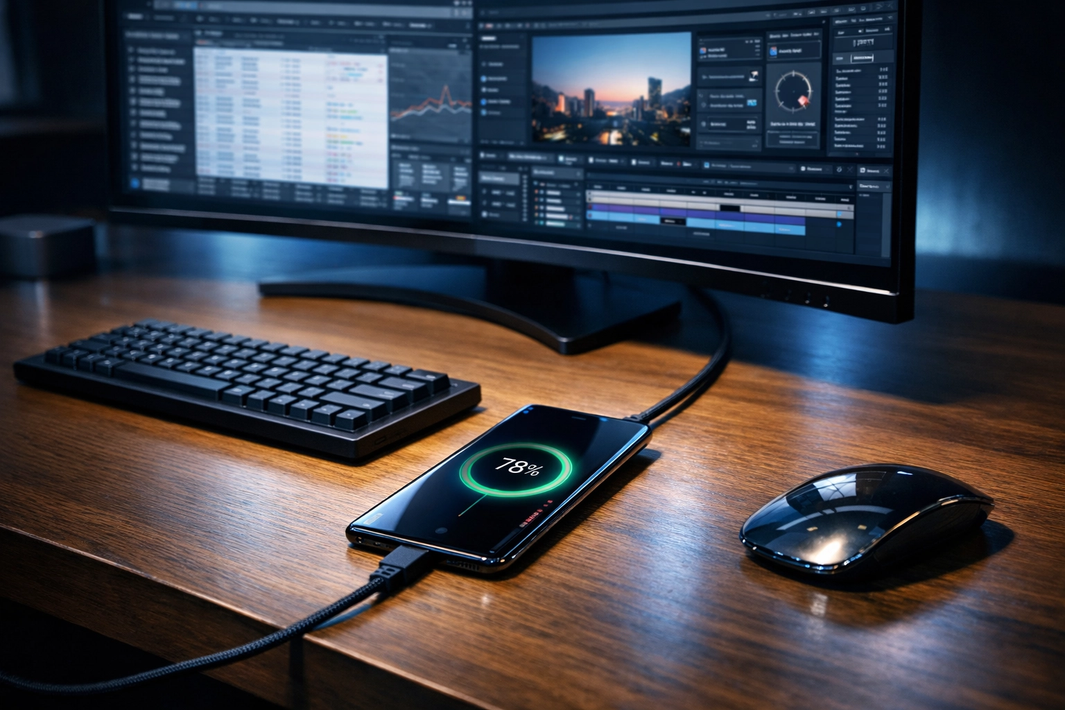 Android smartphone connected to a monitor using Desktop Mode for high-productivity multitasking.