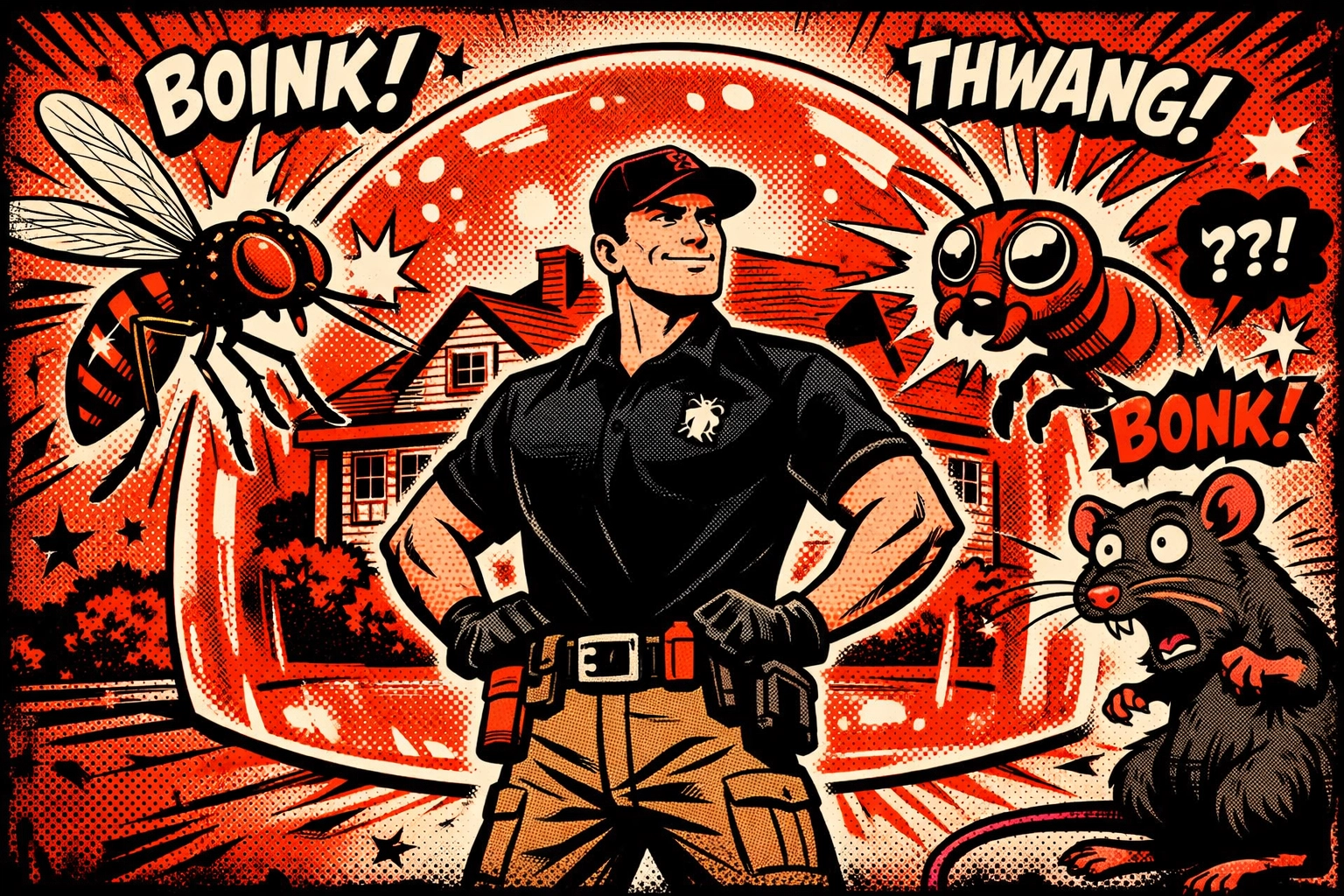 Pest X technician with a protective shield guarding a home against mosquitoes, termites, and rodents.