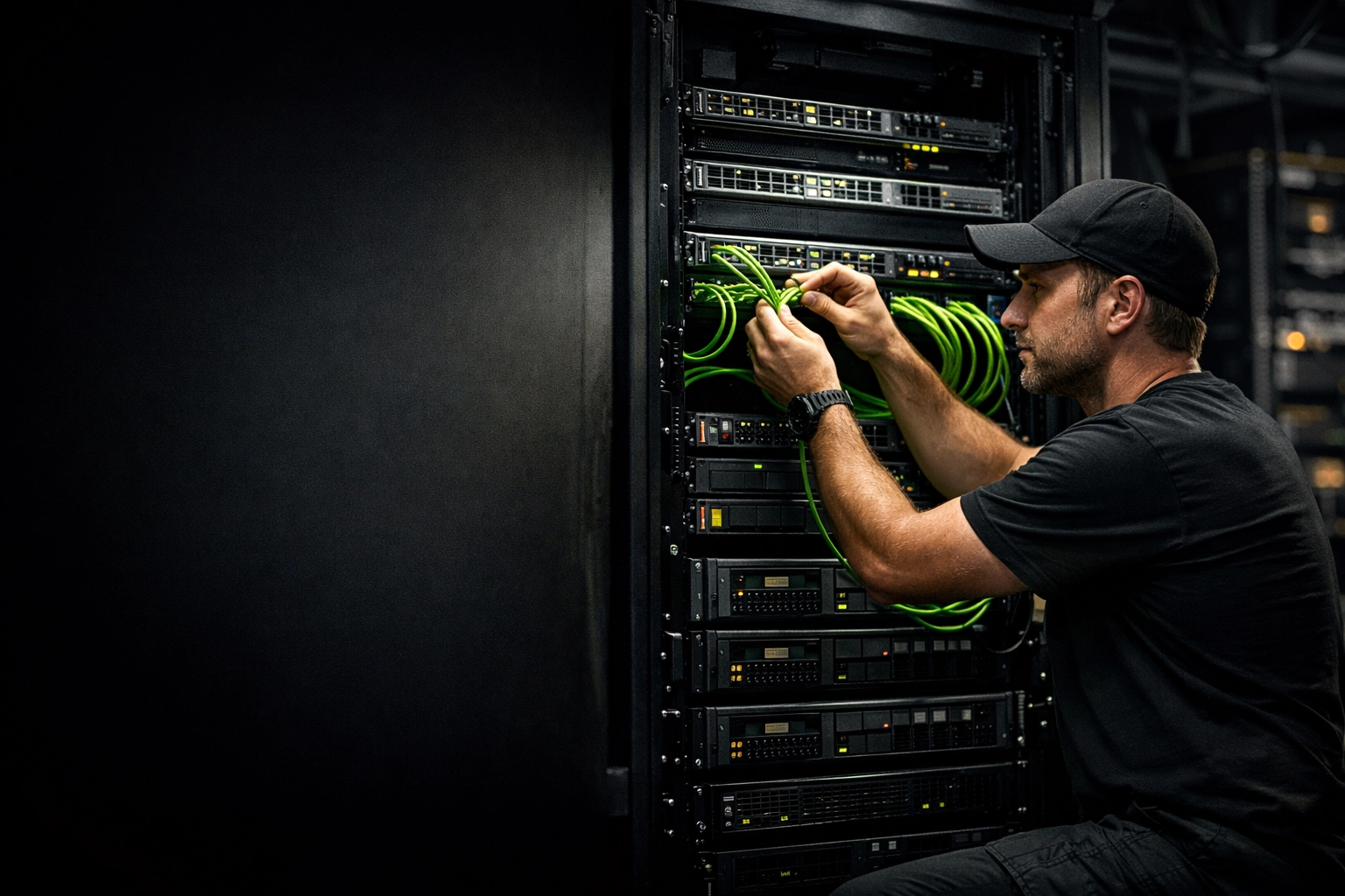 SAINT technician organizing a professional network rack for integrated business security systems.