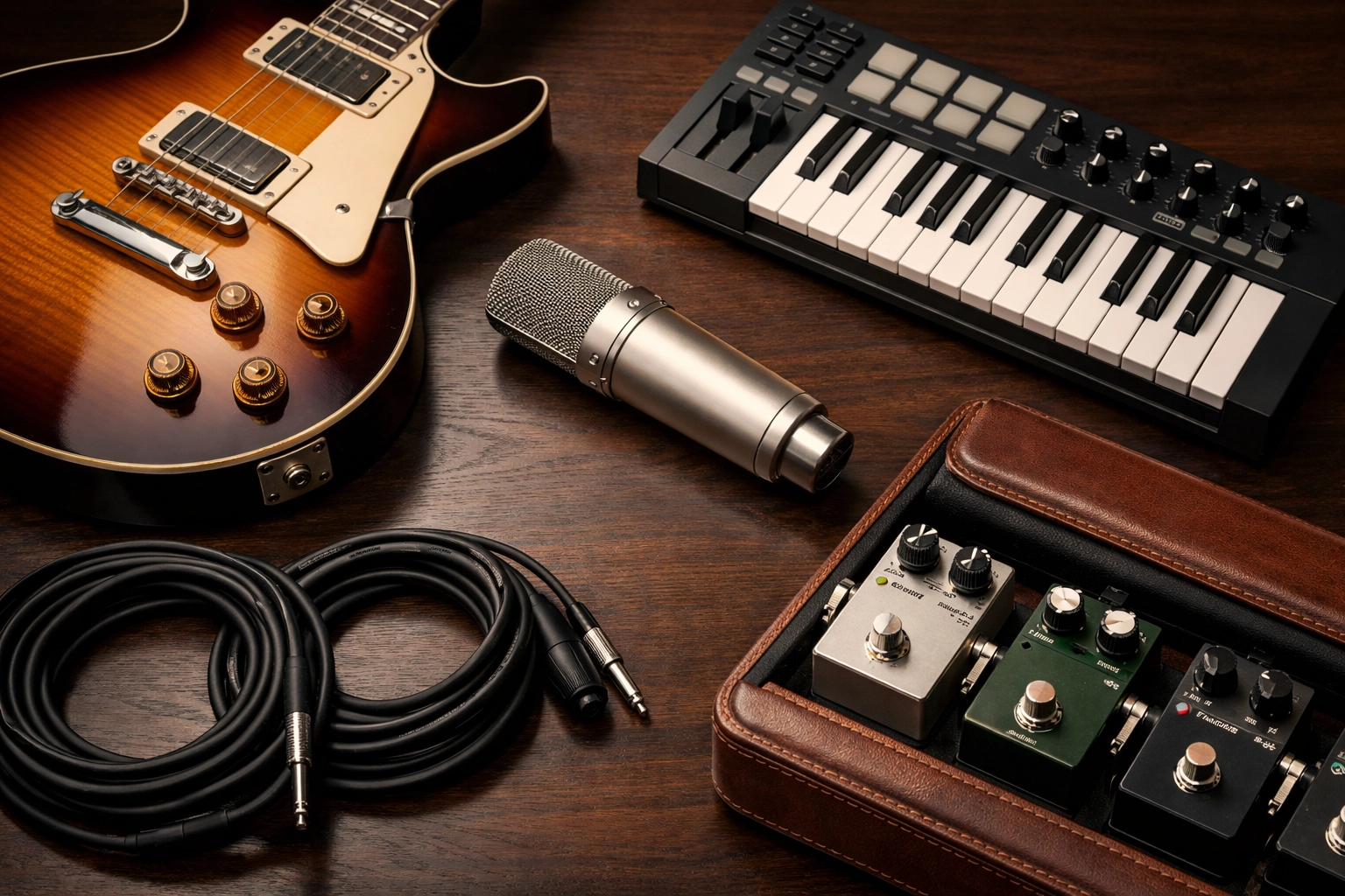 Professional musical equipment including guitar, microphone and keyboard for music insurance