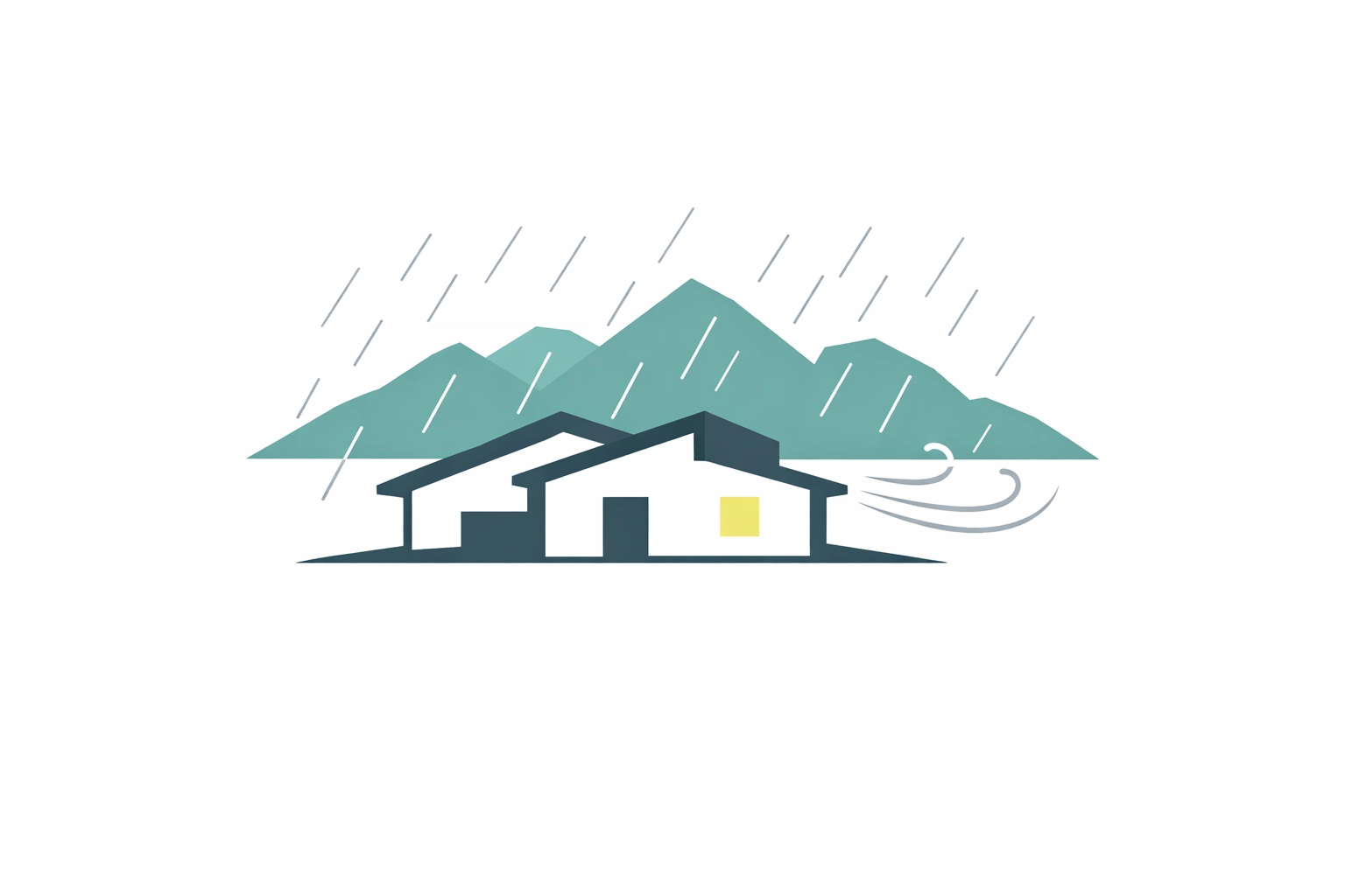Minimalist illustration of a North Vancouver home silhouette protected from rain and wind.