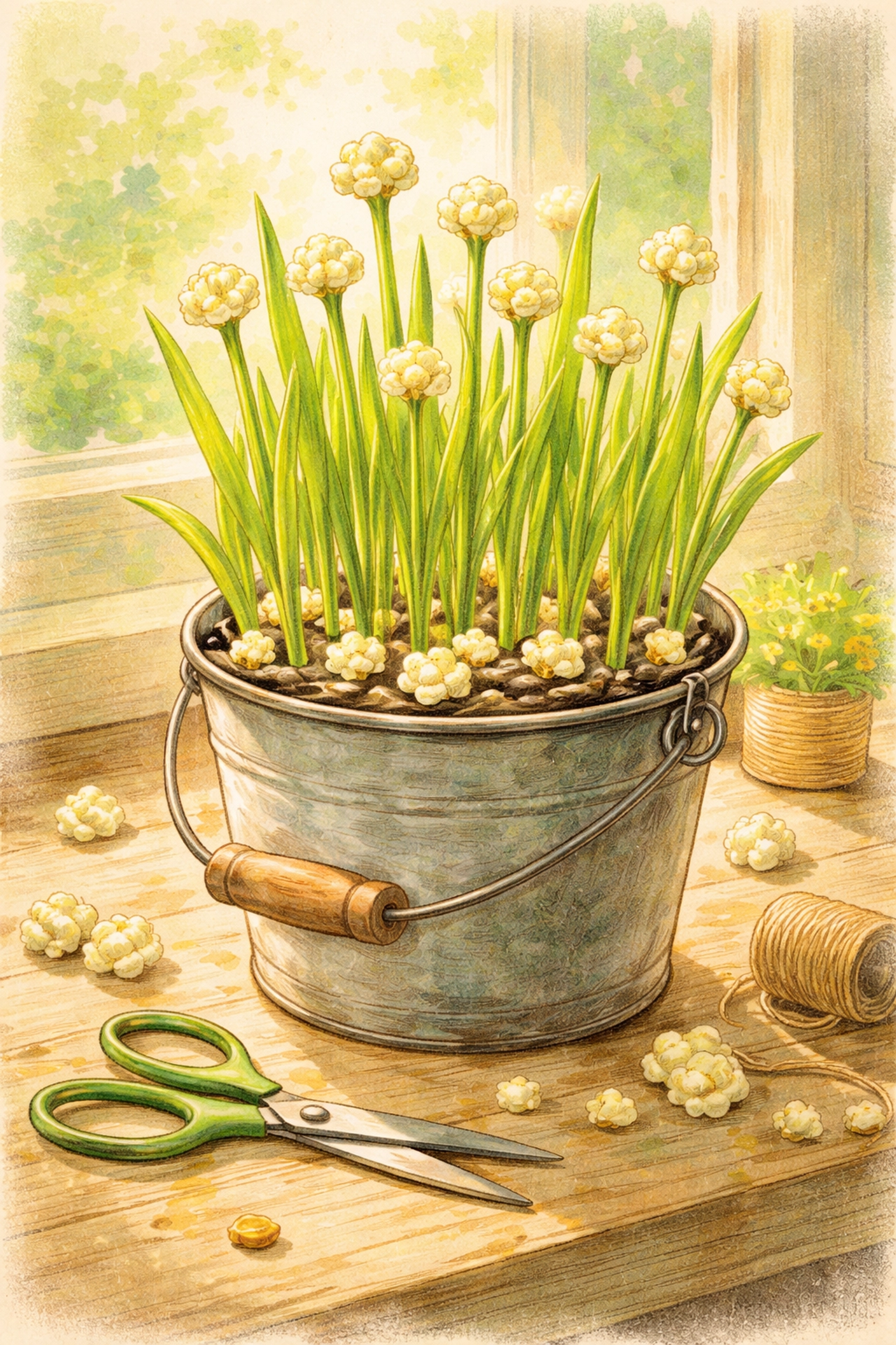 Bucket filled with tall popcorn shoots ready to harvest, with scissors nearby, demonstrating homegrown popcorn shoots for family gardening.