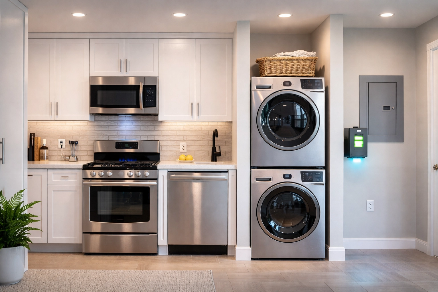 Modern American kitchen and laundry area with hard-wired appliances protected by whole house surge protection