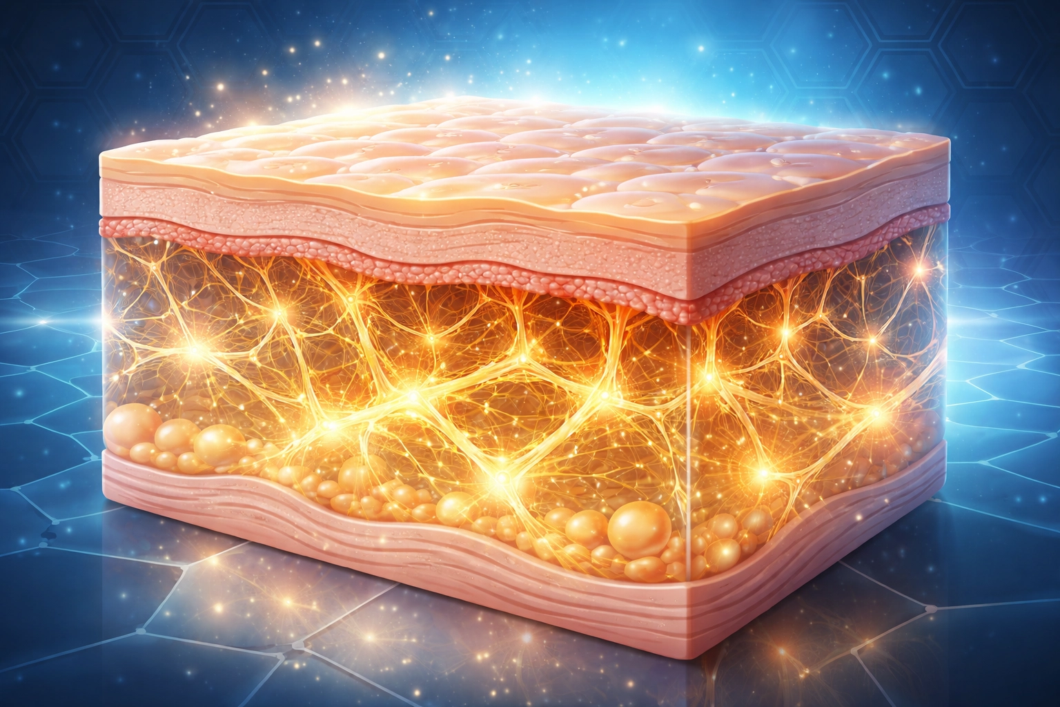 Cross-section illustration of skin layers highlighting glowing collagen fibers for healthy, youthful skin
