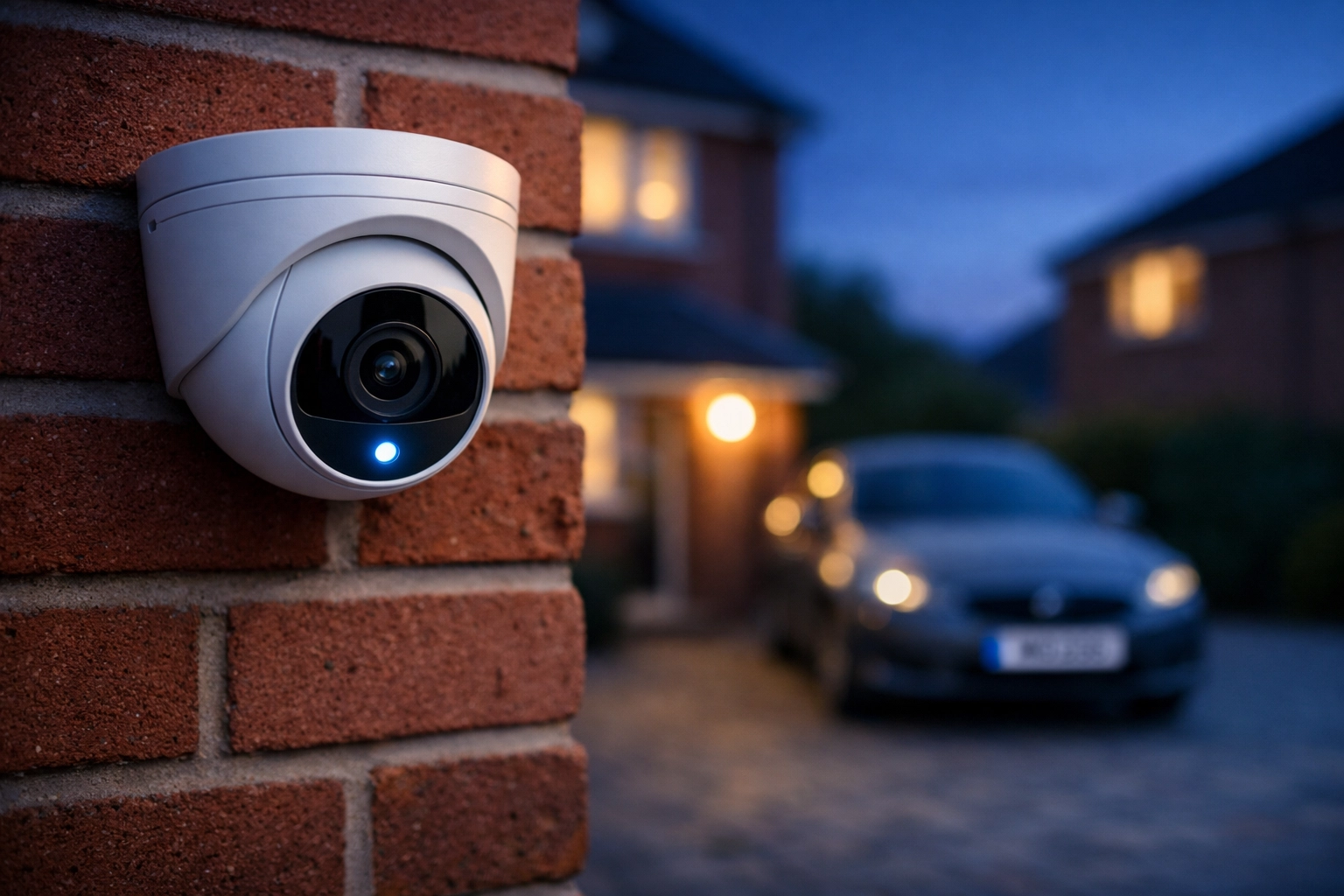 White IP security camera with AI analytics mounted on a modern Swindon brick house for home protection.