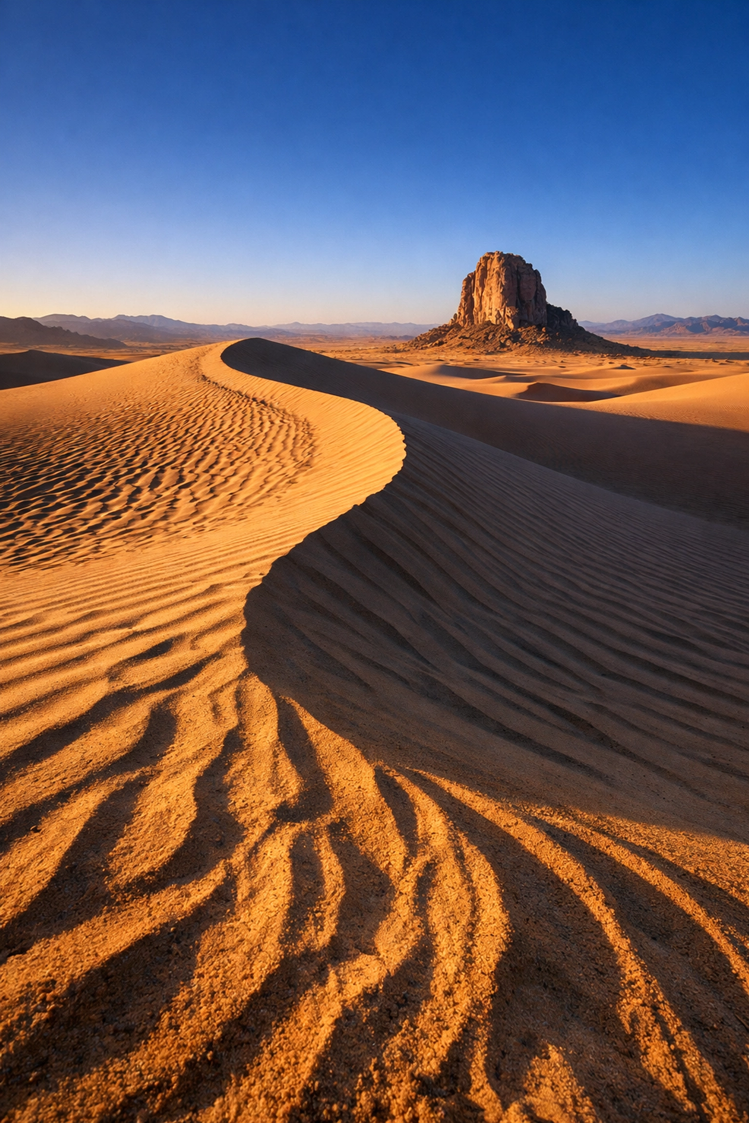 Desert landscape photography showing leading lines with sand dunes and strong foreground interest.