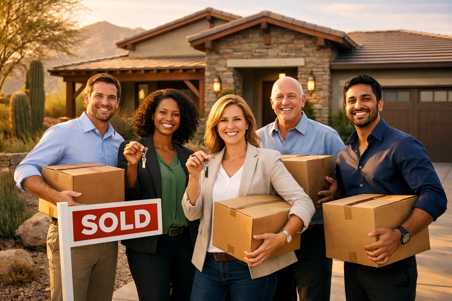 Sprouts employees celebrating new home purchase with keys and moving boxes in Phoenix Sprouts employees celebrating new home purchase with keys and moving boxes in Phoenix