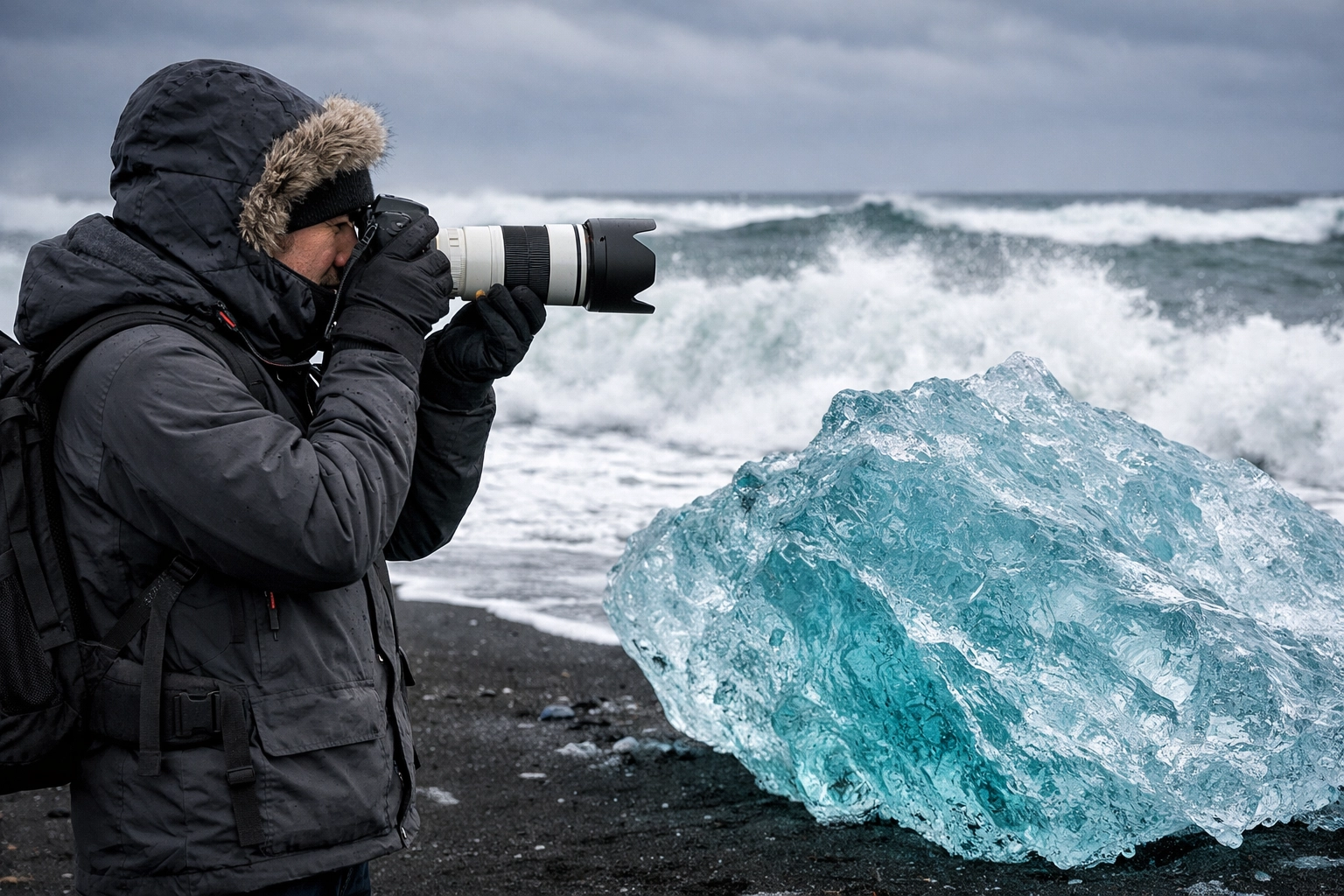 Professional travel photographer capturing niche landscape shots on an Icelandic black sand beach.