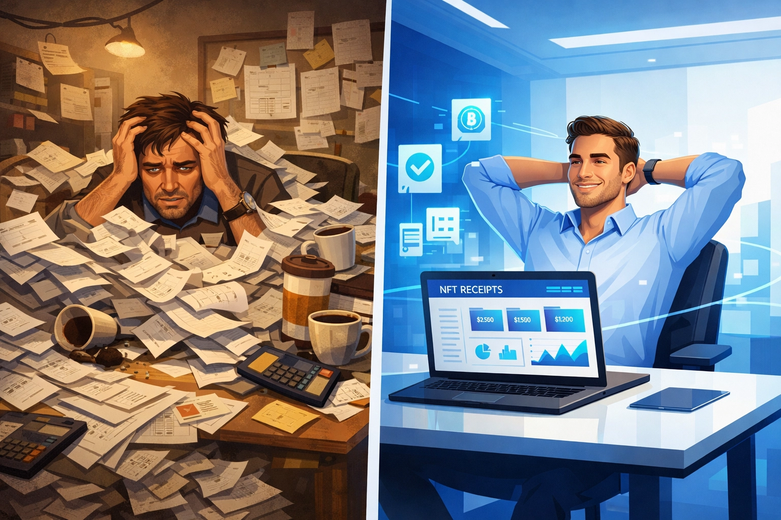 Comparison of traditional paper accounting versus automated NFT receipt accounting system