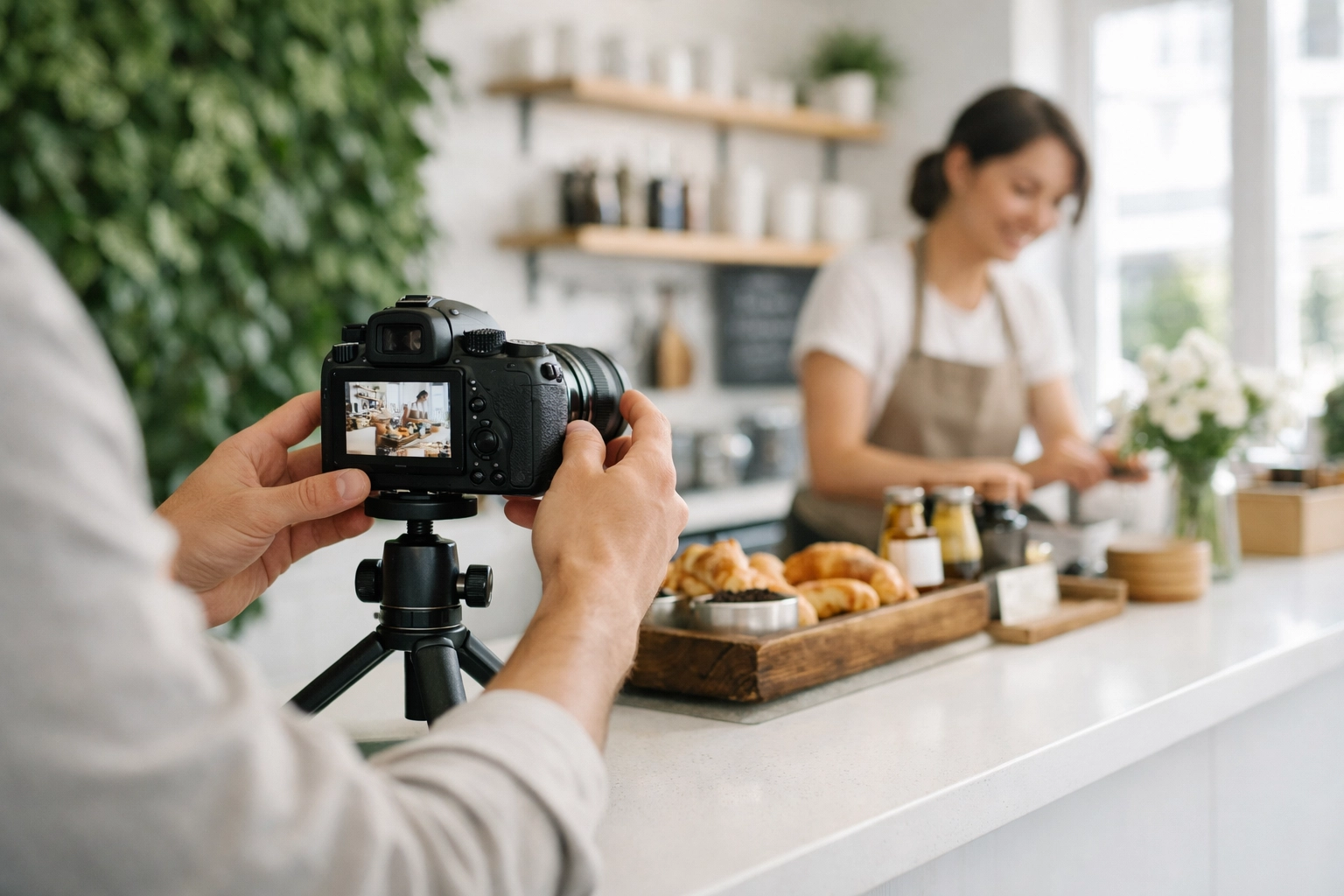 A content creator filming a local business to improve brand authority through influencer marketing.