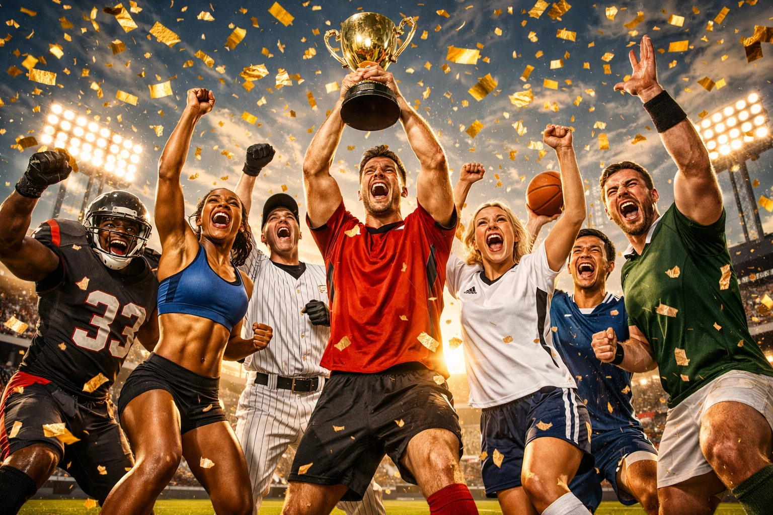 Diverse team of high-performance athletes celebrating a major victory with energy and team spirit.