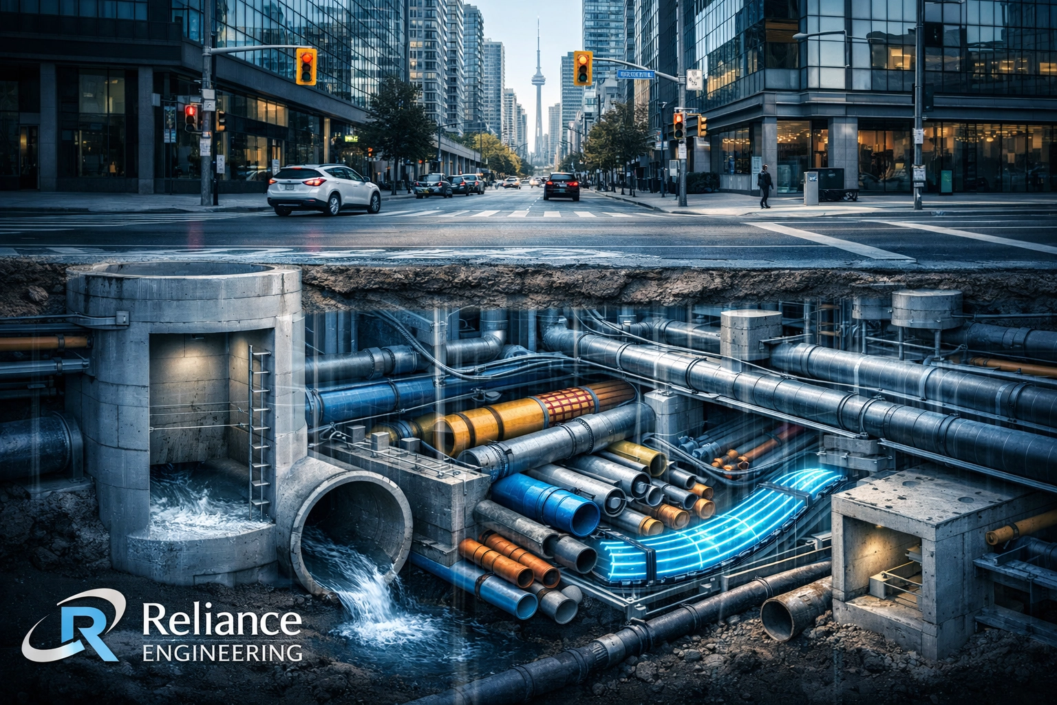 Visualization of complex underground utility networks and servicing pipes in a modern Ontario urban area.
