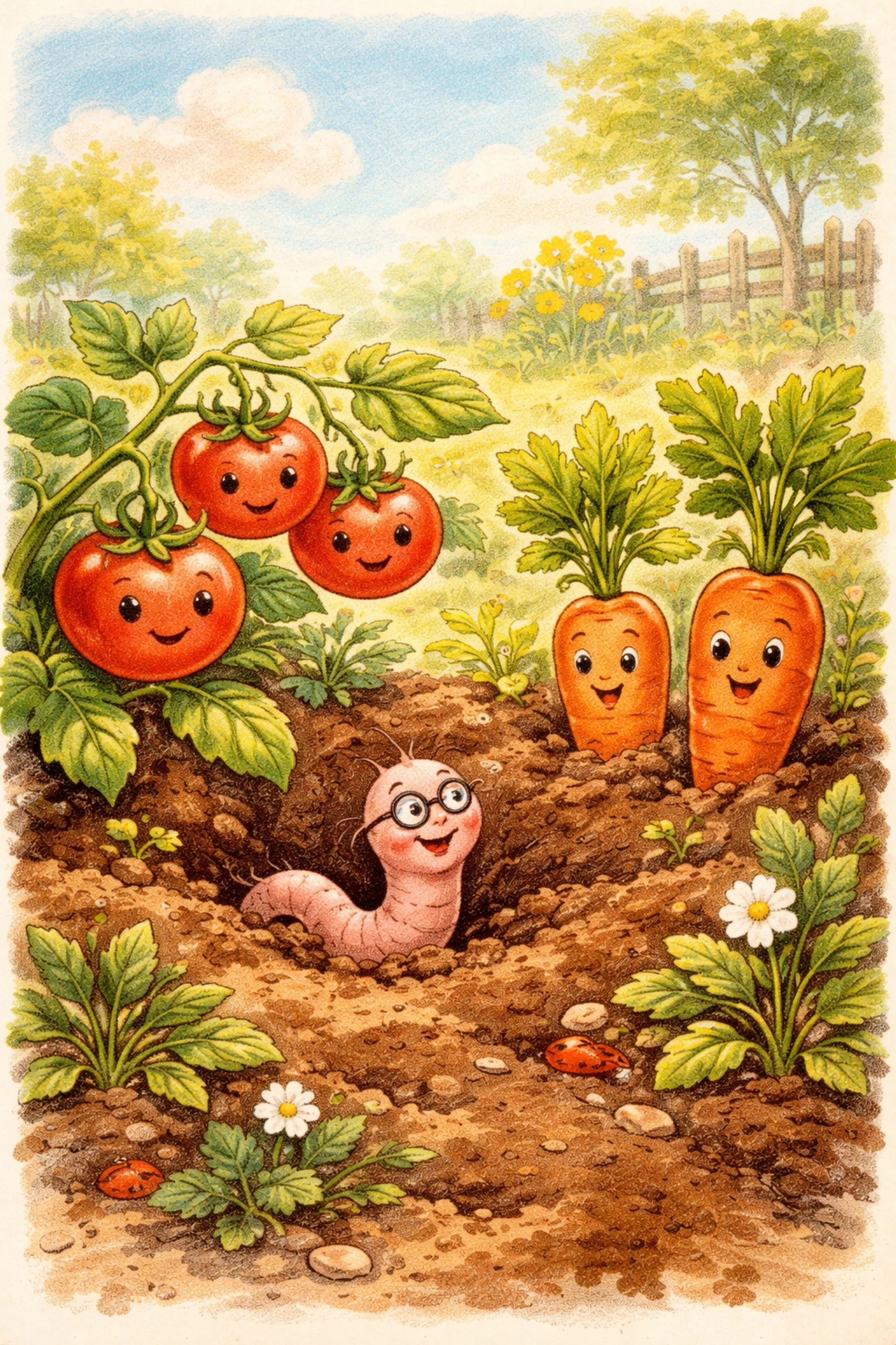 Whimsical cartoon garden with smiling vegetables and a worm, illustrating soil pH testing for healthy gardening.