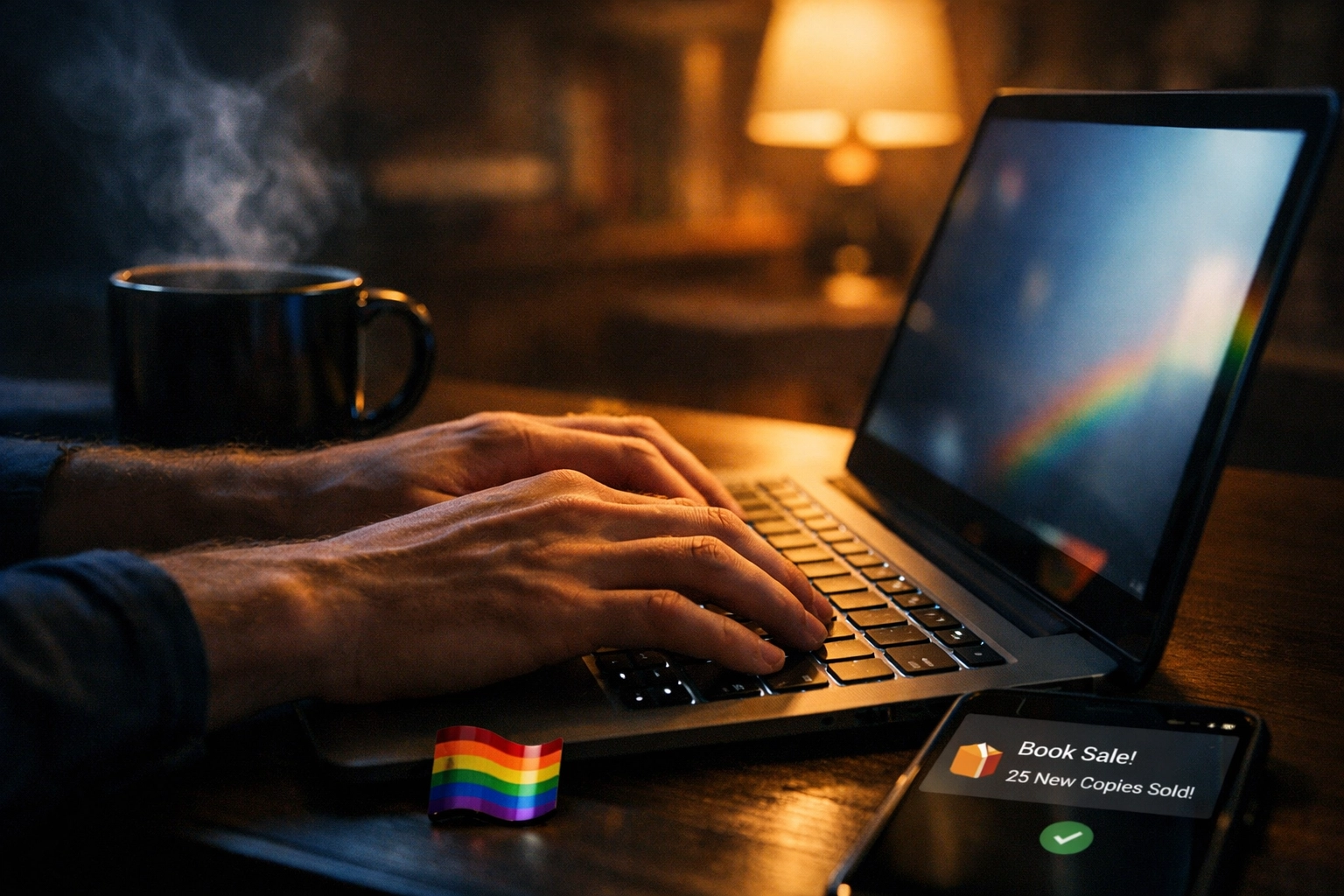 Gay author writing MM romance with real-time book sale notifications on laptop