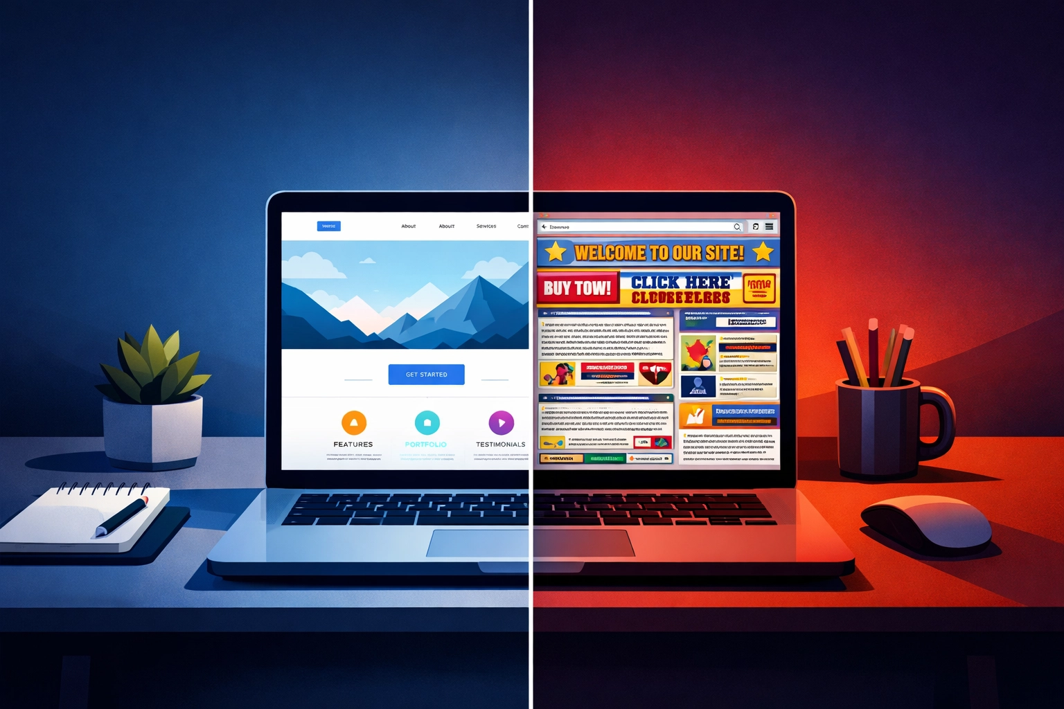 Comparison of modern website design versus outdated website layout on laptop screens