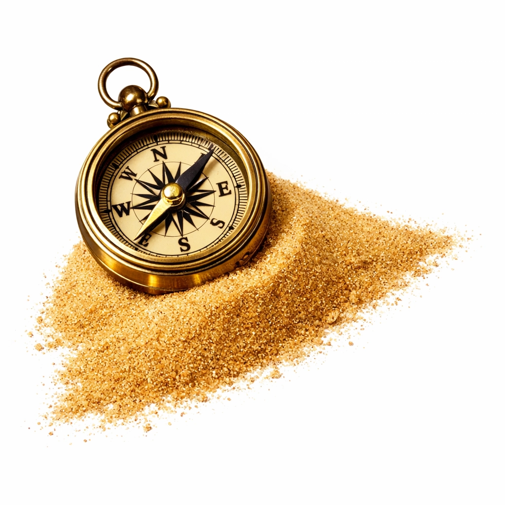 Antique brass compass on desert sand, reflecting the adventure of the shepherd in Paulo Coelho's The Alchemist.