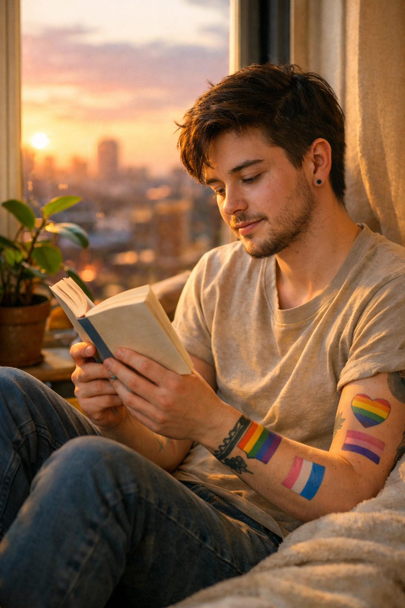 A trans man reading a new queer indie novel in a sunlit window, representing authentic LGBTQ+ fiction.