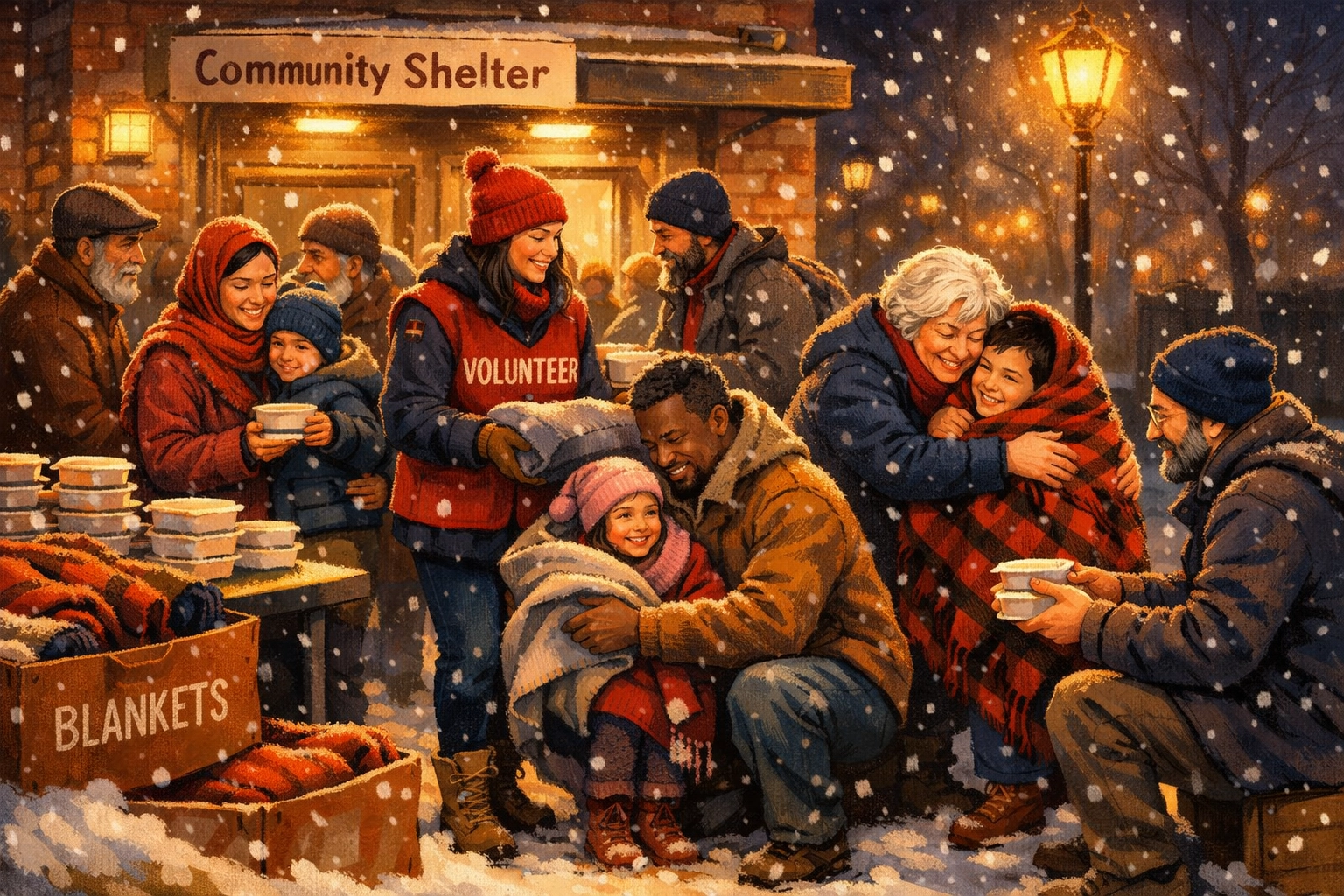 Volunteers distributing meals and blankets to families at community winter shelter