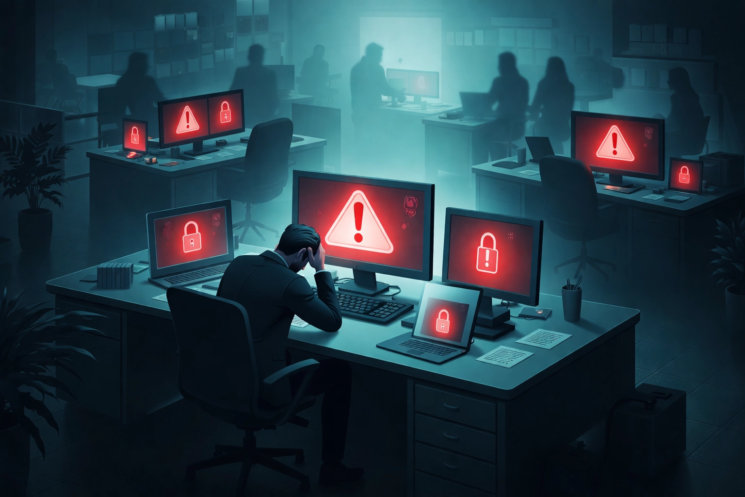 Businessman stressed at desk surrounded by warning alerts and shadowy figures, illustrating hidden ransomware attacks and data breach secrecy.