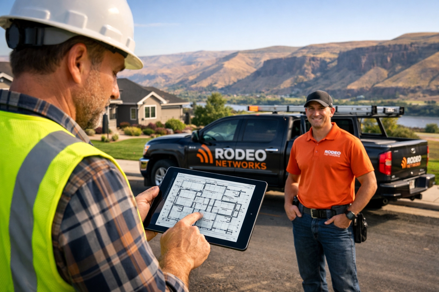 Contractor using 5G mobile business solutions on a tablet in the Lewiston-Clarkston valley with Rodeo Networks.