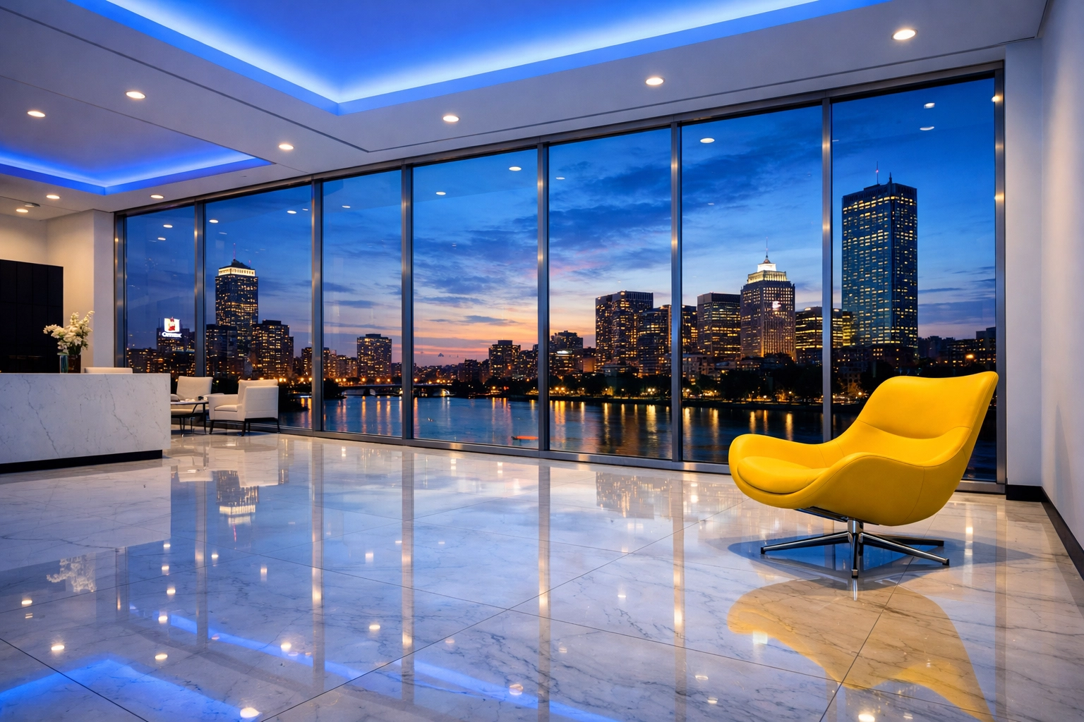 Pristine modern corporate lobby in Boston with polished floors showcasing professional commercial cleaning results.