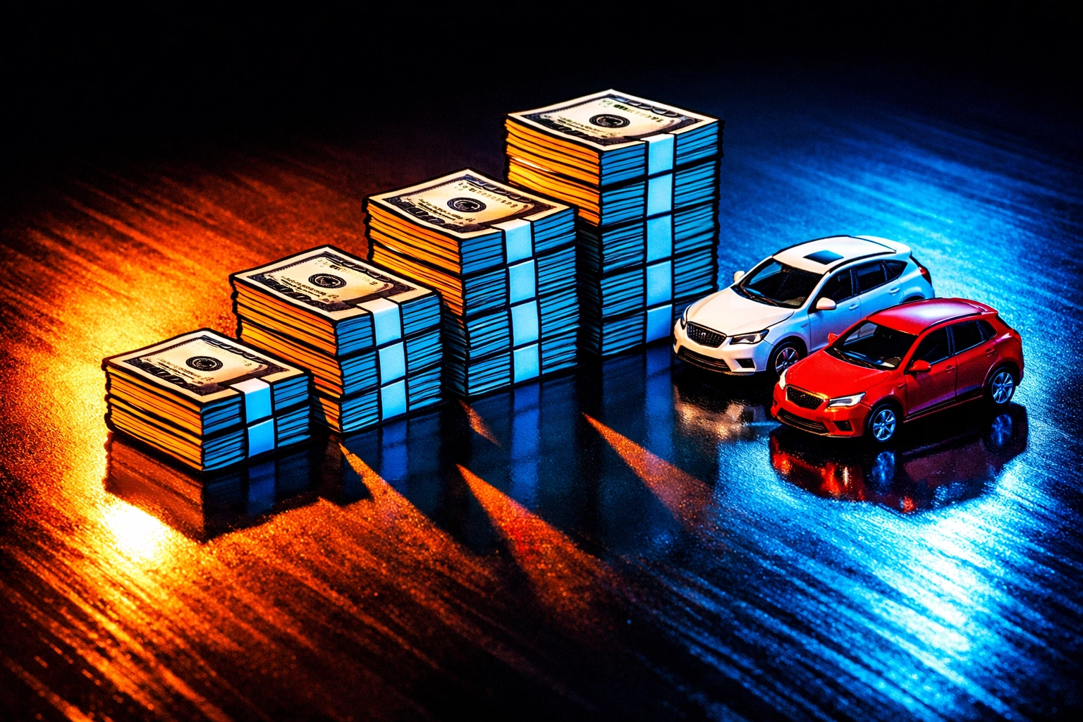 Cash down payment stacked next to car models representing car loan financing