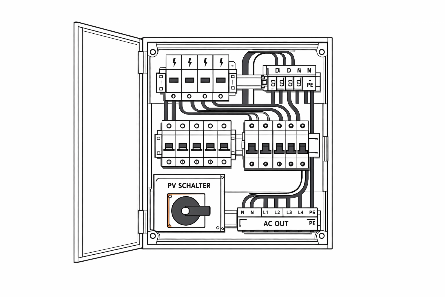 Offener PV-Verteilerkasten mit Überspannungsschutz nach aktuellem technischem Standard.