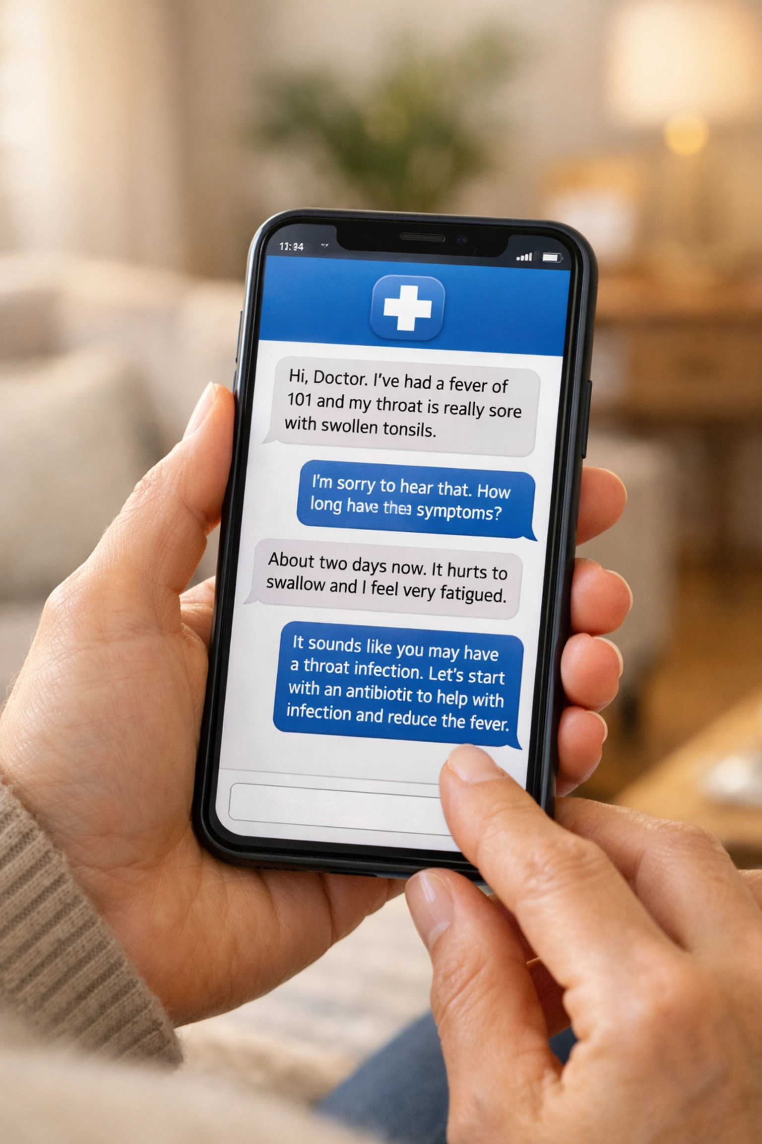 Consulting an affordable online doctor for strep throat treatment via secure text-based medical messaging.