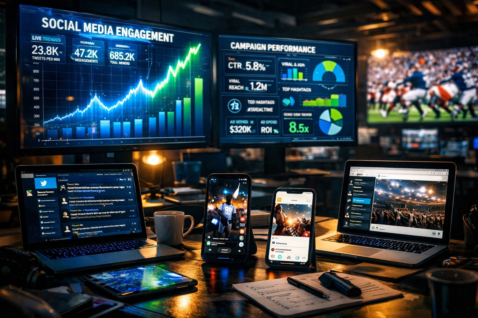 Super Bowl 2026 digital marketing command center with real-time social media analytics and engagement metrics