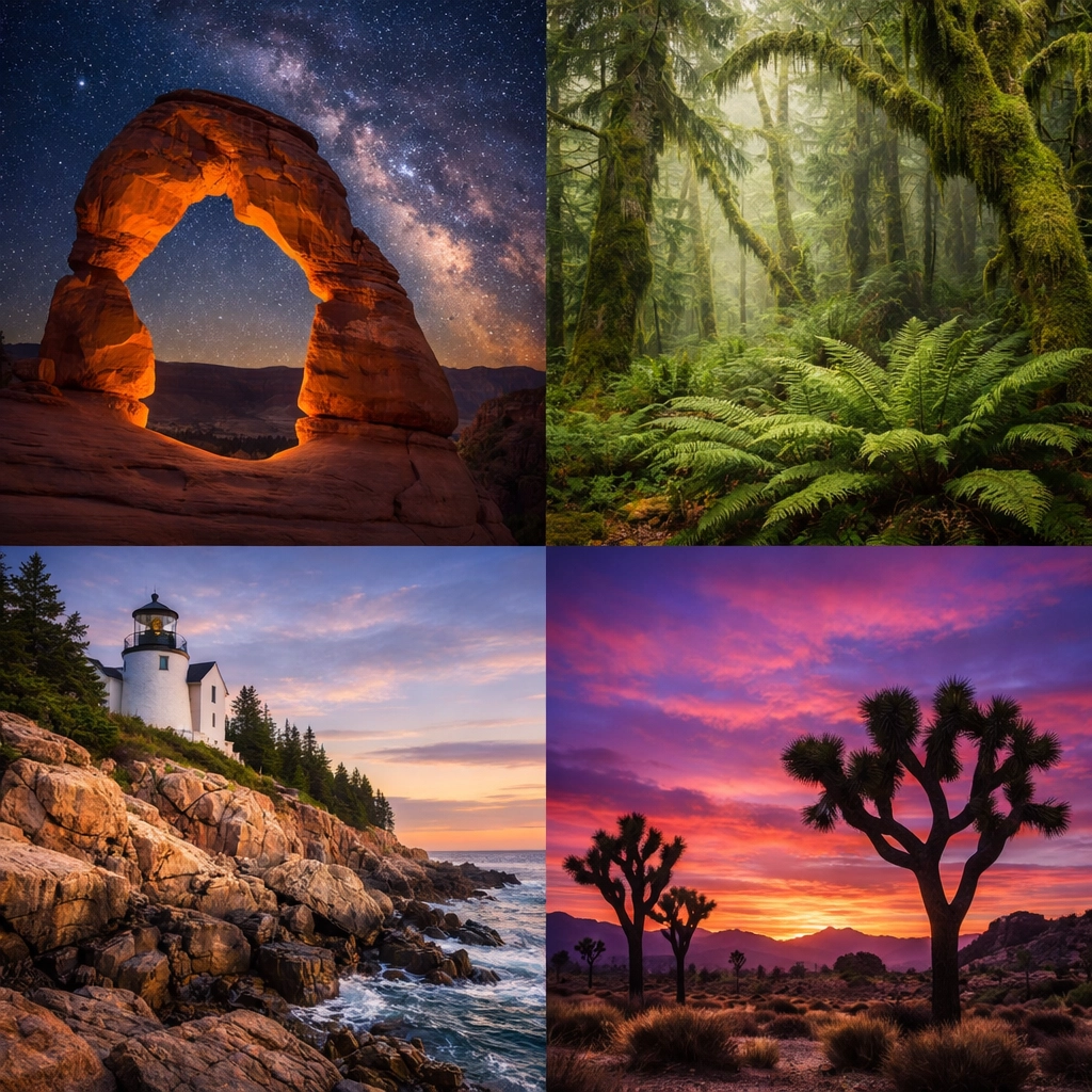 Collage of famous photo spots in US National Parks, featuring Arches, Acadia, and Joshua Tree.