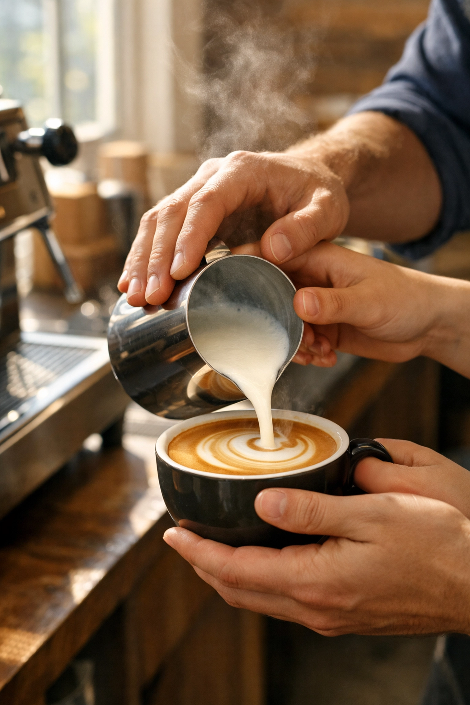Hands-on barista training session teaching a trainee how to pour latte art into a specialty coffee cup.