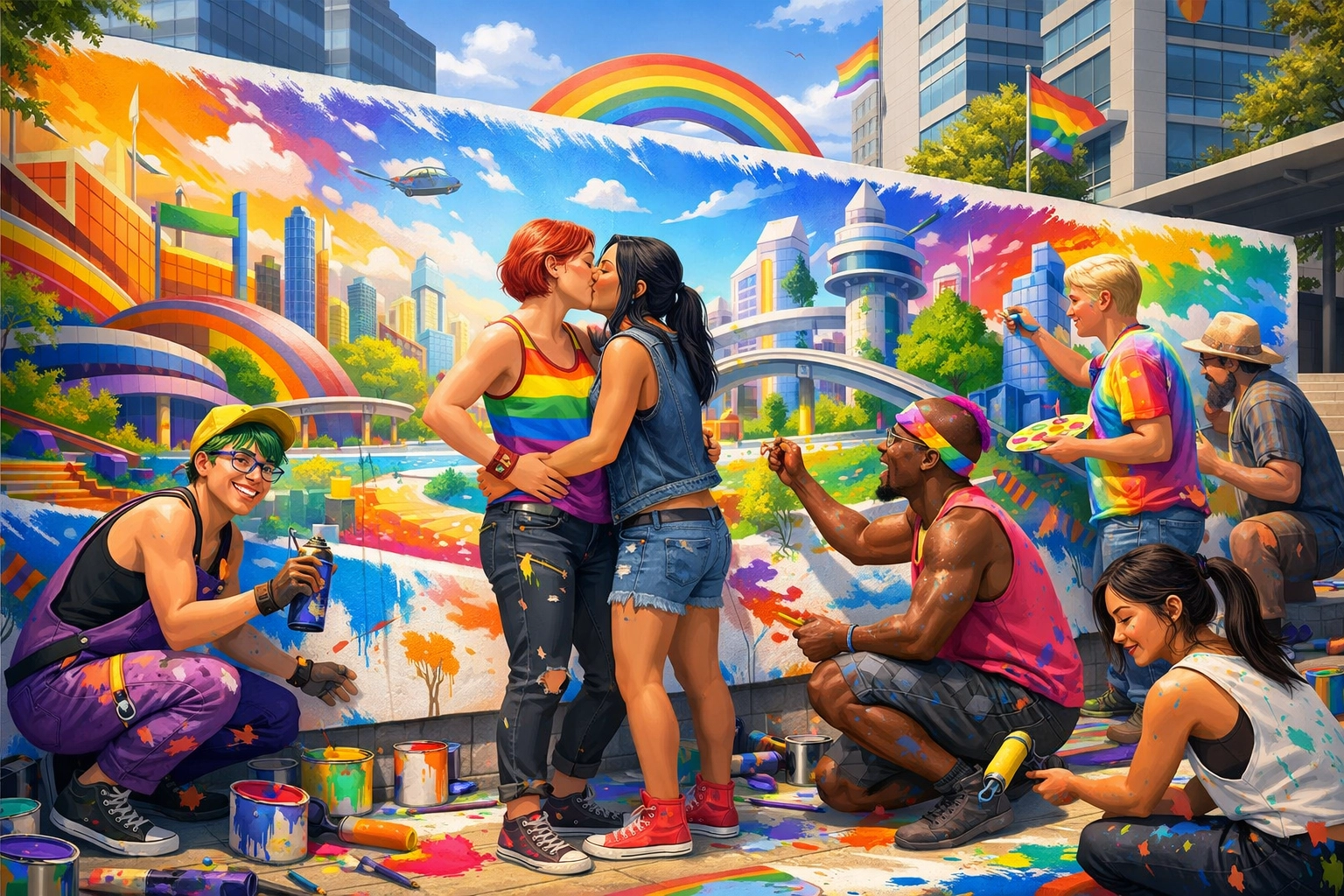 LGBTQ+ community members painting a colorful mural, representing a collective vision for queer futures.
