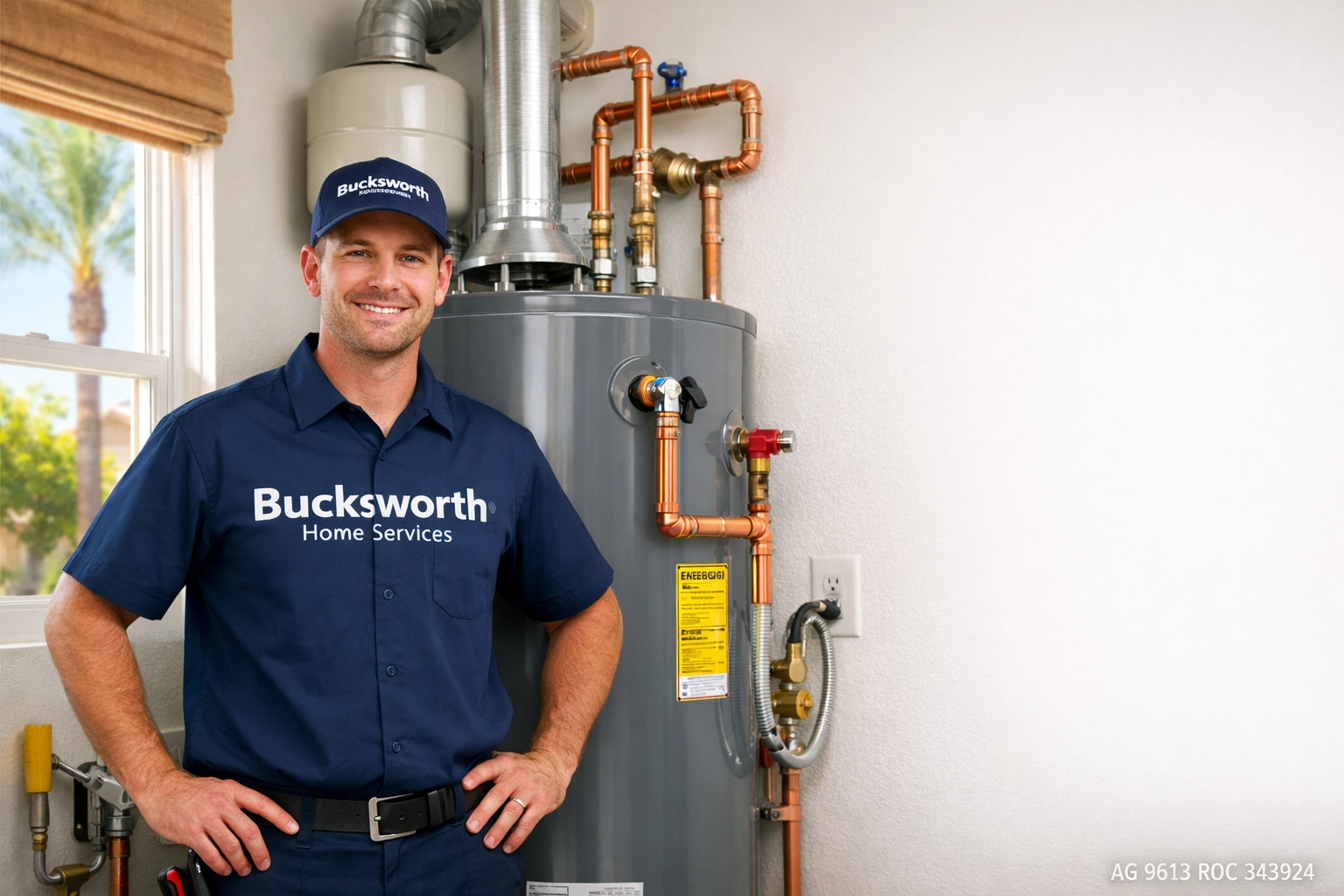 Licensed Bucksworth technician performing a professional water heater replacement in a Chandler home.