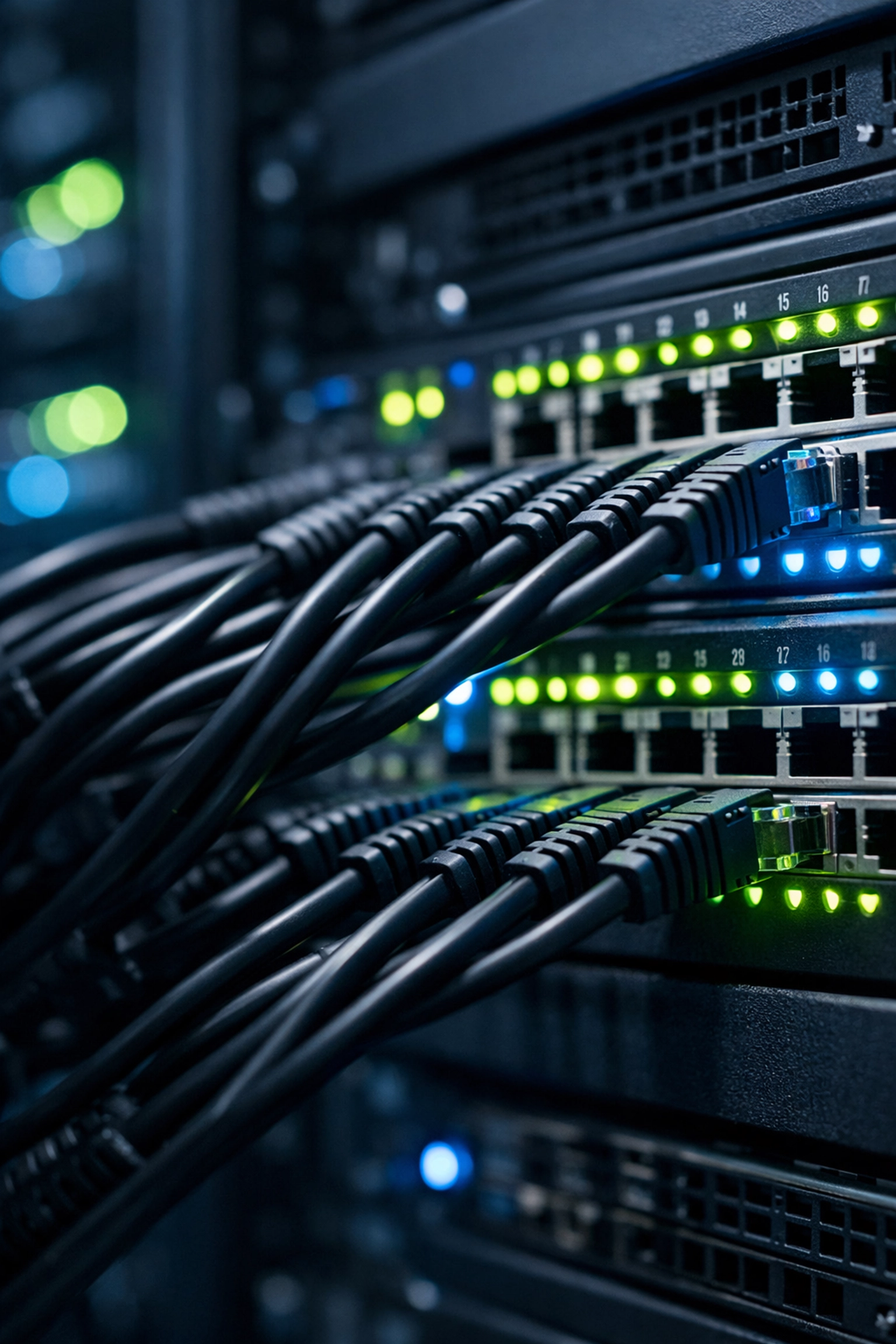 Close-up of a secure network server rack monitoring professional CCTV system data usage.