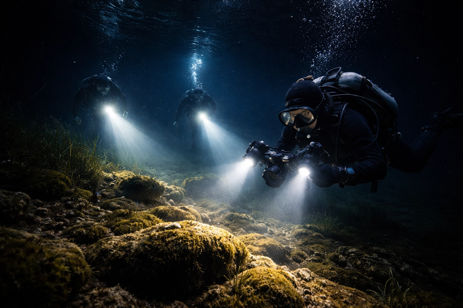 Drei Taucher beim Nachttauchgang mit Lampen – spannende Night Diving Specialty Ausbildung
