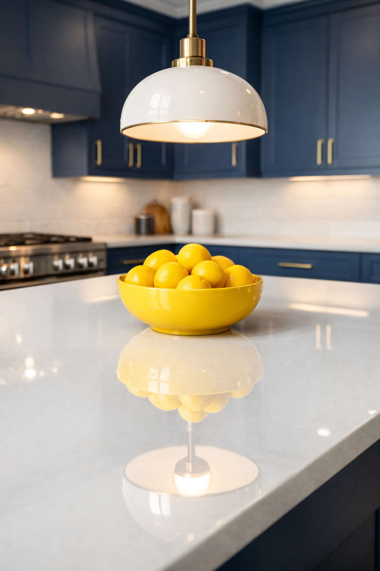 Pristine white quartz kitchen island and blue cabinetry in a professionally cleaned Leominster home.