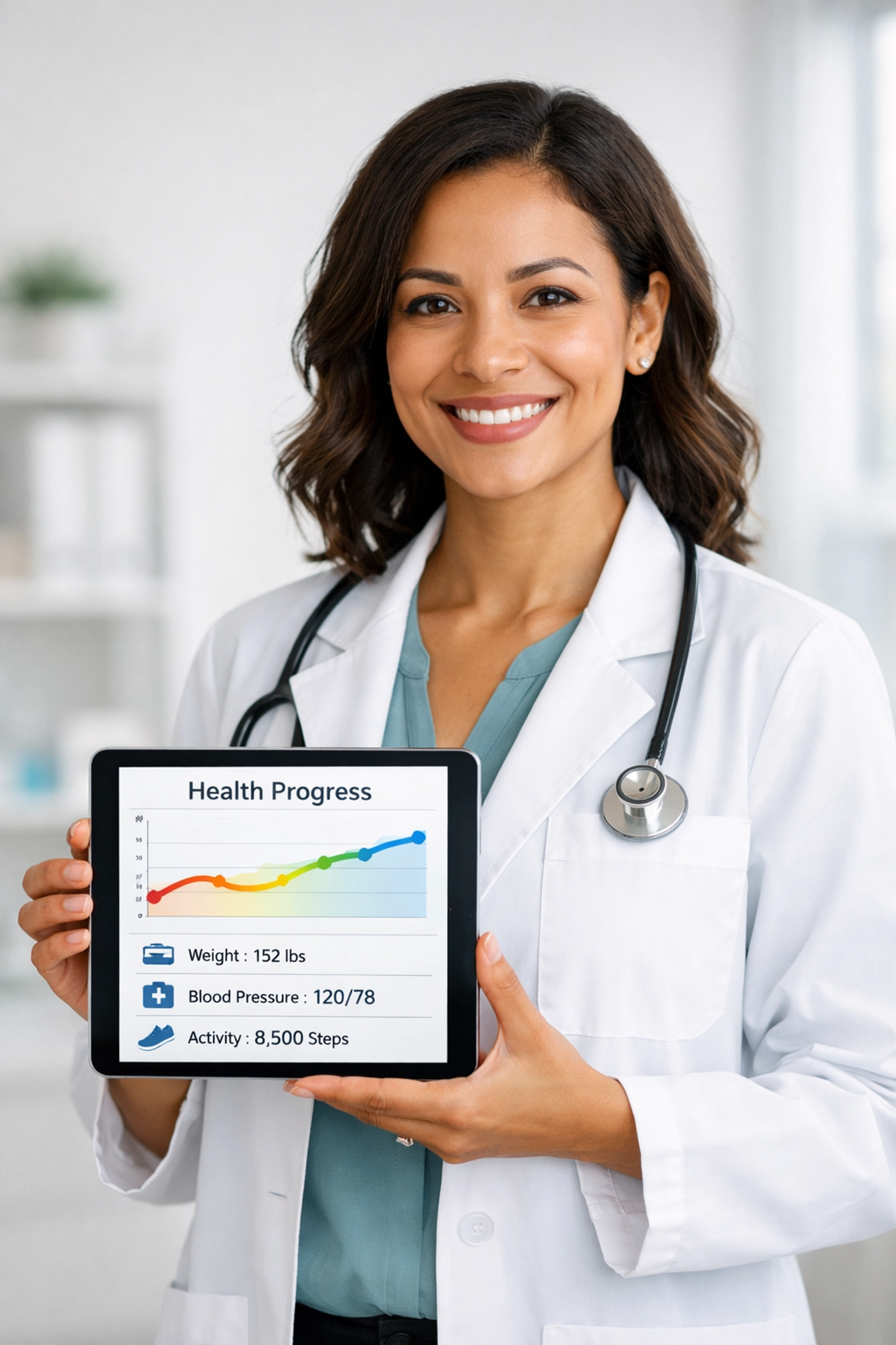 A professional medical provider reviewing a patient's weight loss progress on a digital tablet in an office.