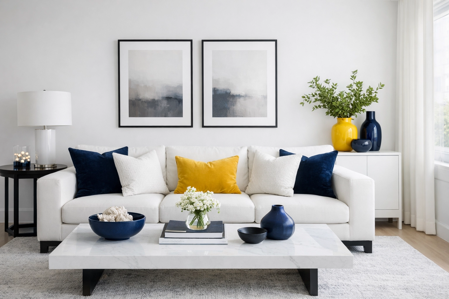 House cleaning service in Boston, Massachusetts - high-end clean living room in navy blue, crisp white, and subtle yellow