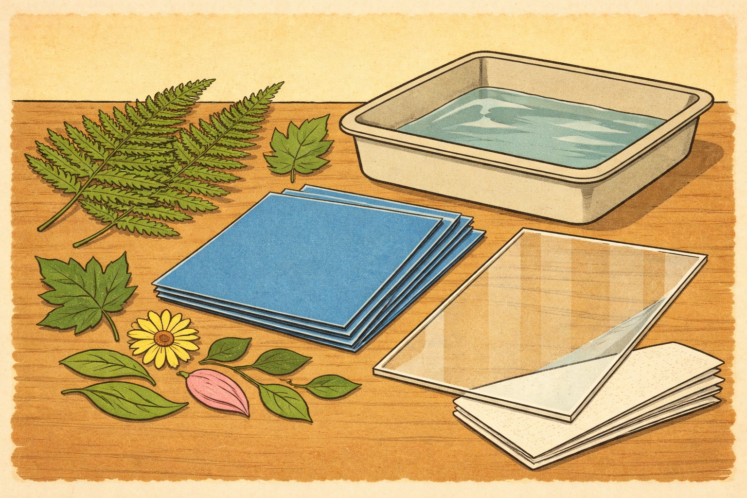 Sun print craft materials including cyanotype paper, ferns, leaves, and a water basin arranged on a table for a family activity