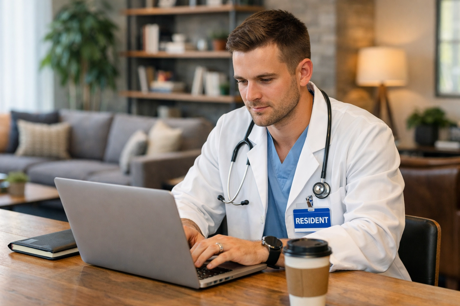 Resident working on a laptop at a shared desk in a modern Durham co-living common area — Work-From-Home/Tech angle, high-speed Wi‑Fi feel, strategic renting for professionals, Durham rooms for rent