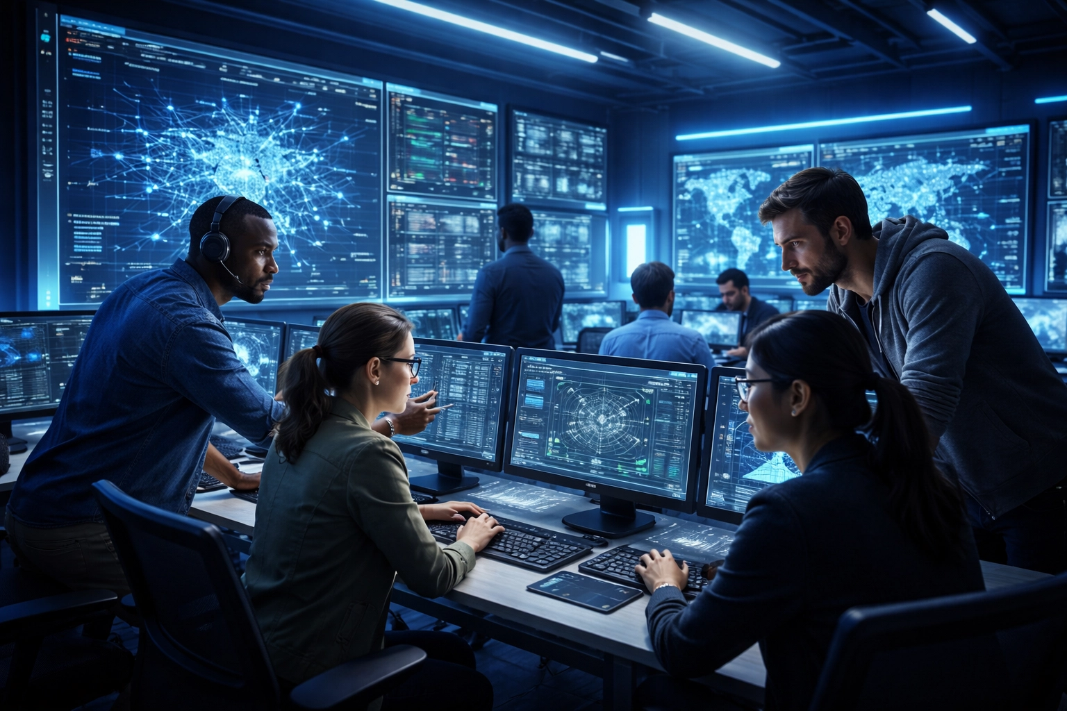 Diverse team of IT consultants collaborating in a high-tech workspace, emphasizing managed IT services expertise