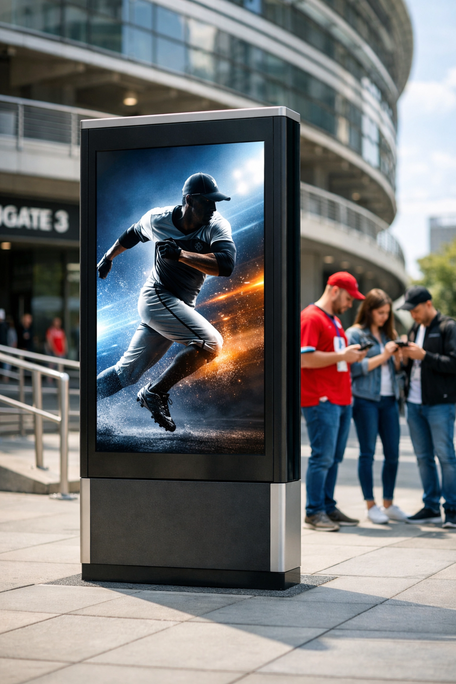 Digital advertising kiosk on a city sidewalk showing sports marketing content to fans.