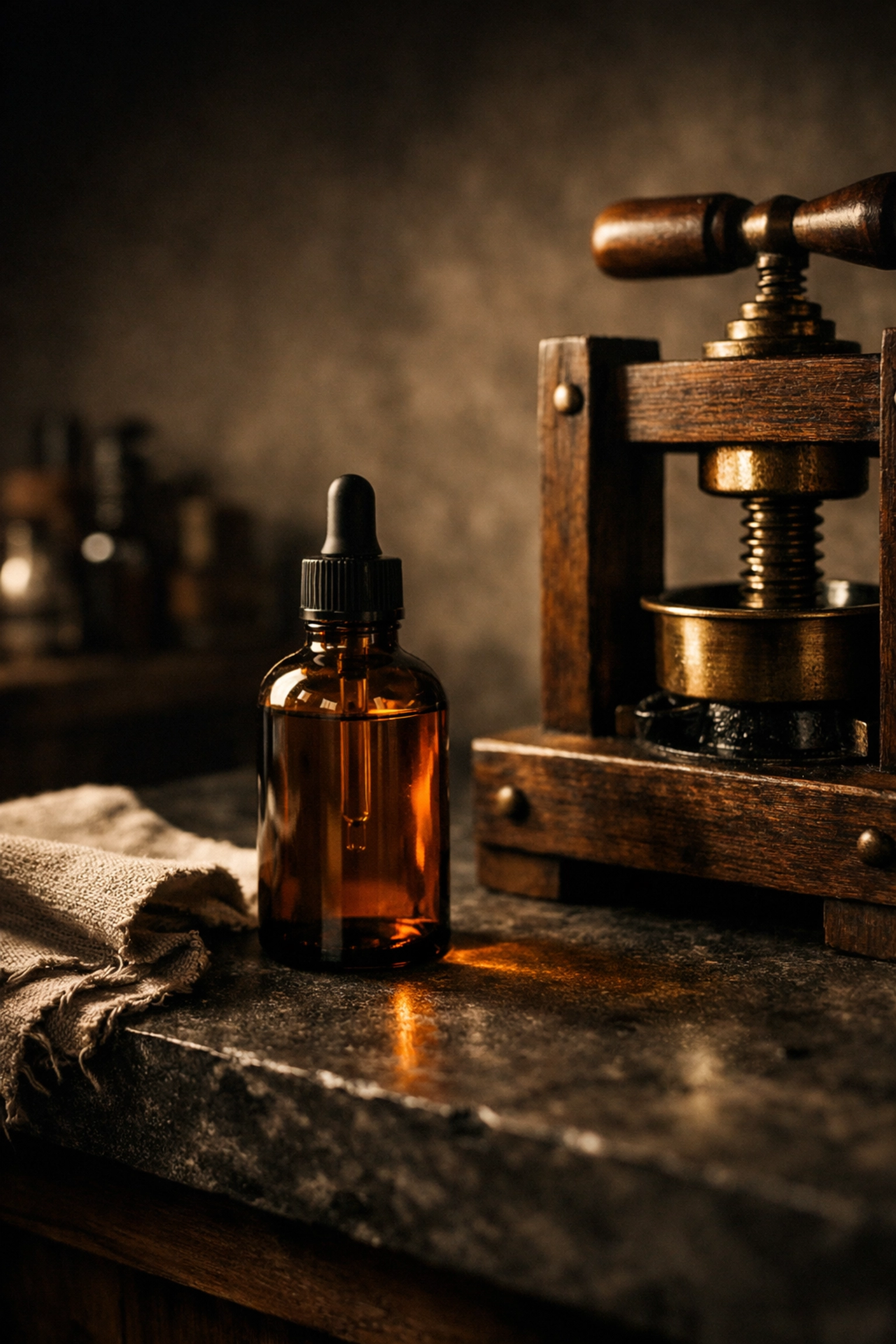 Artisanal workshop setting with an amber bottle of cold-pressed beard oil for superior skin hydration.