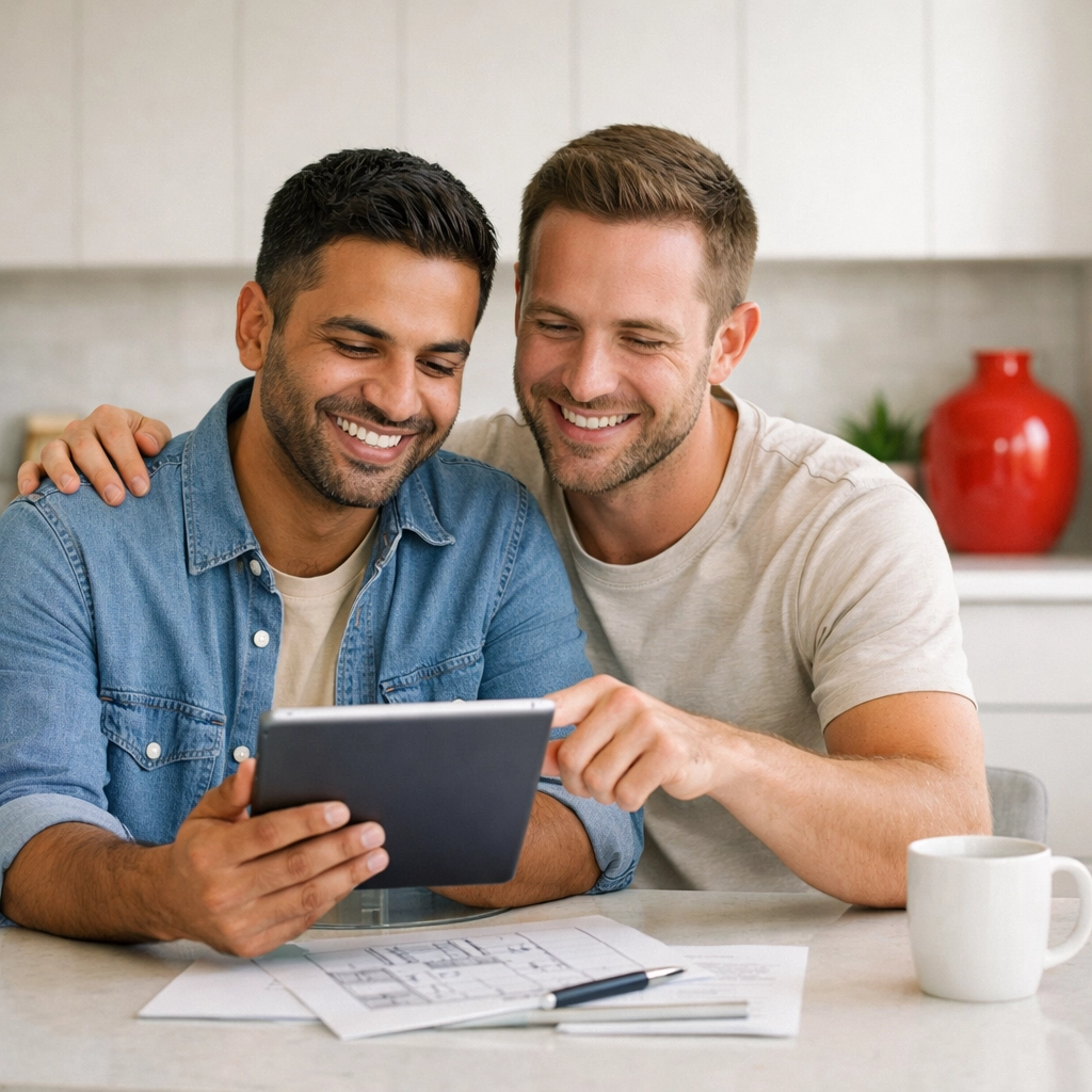 Supporting the LGBTQ+ Community: A Journey Toward Financial Security and Well-Being 2 A gay couple in their 30s planning their future investment objectives on a tablet in a modern kitchen.
