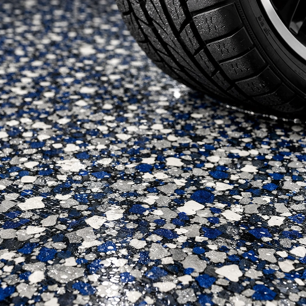 Durable slip-resistant residential garage epoxy flakes in Madison MS designed to resist hot-tire pickup.