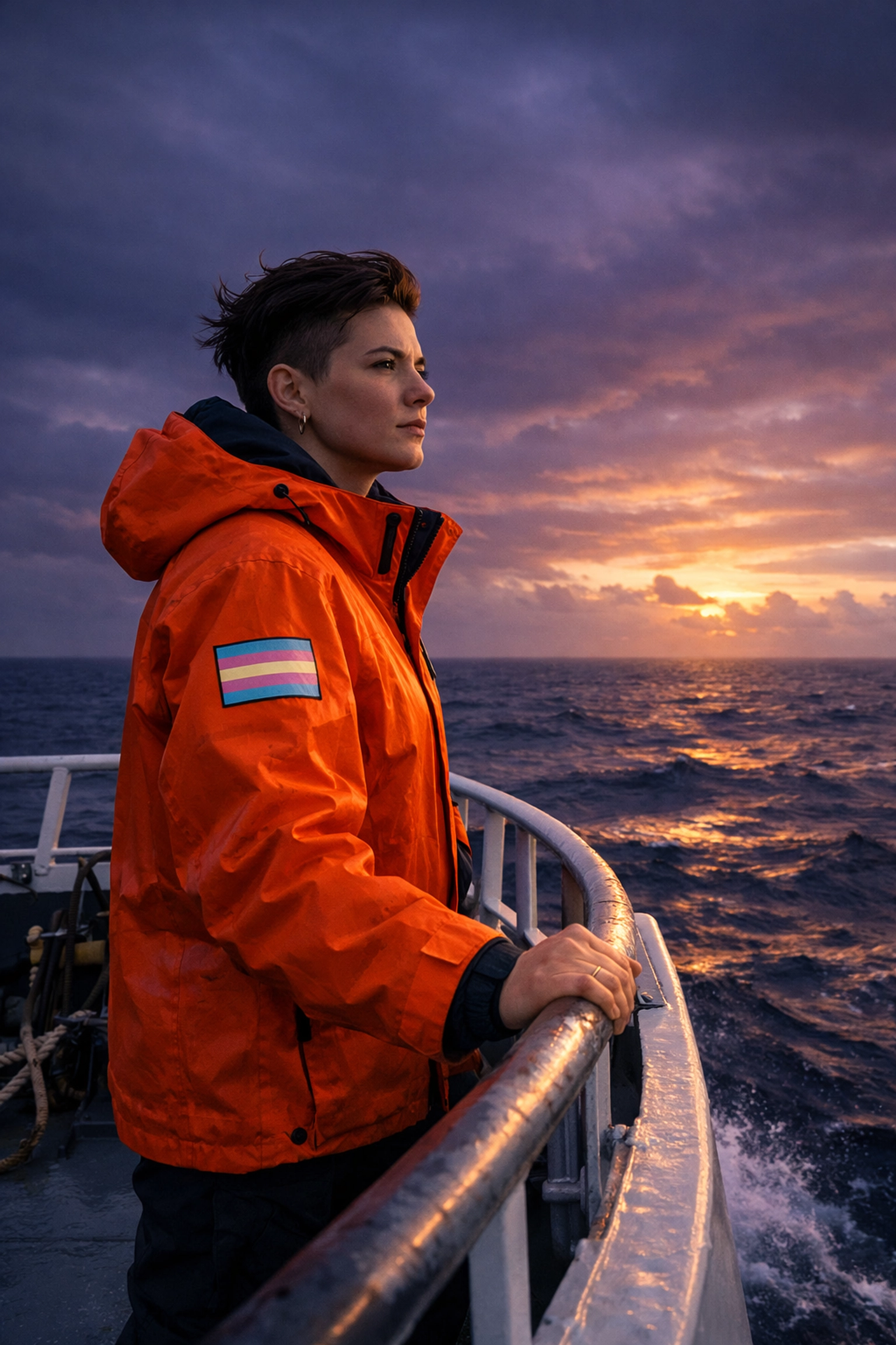 A non-binary researcher with a trans pride patch on a ship, representing queer visibility in marine science.