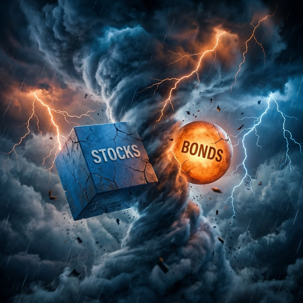 Stormy market scene symbolizing stocks and bonds moving together, highlighting portfolio risk in 2026.