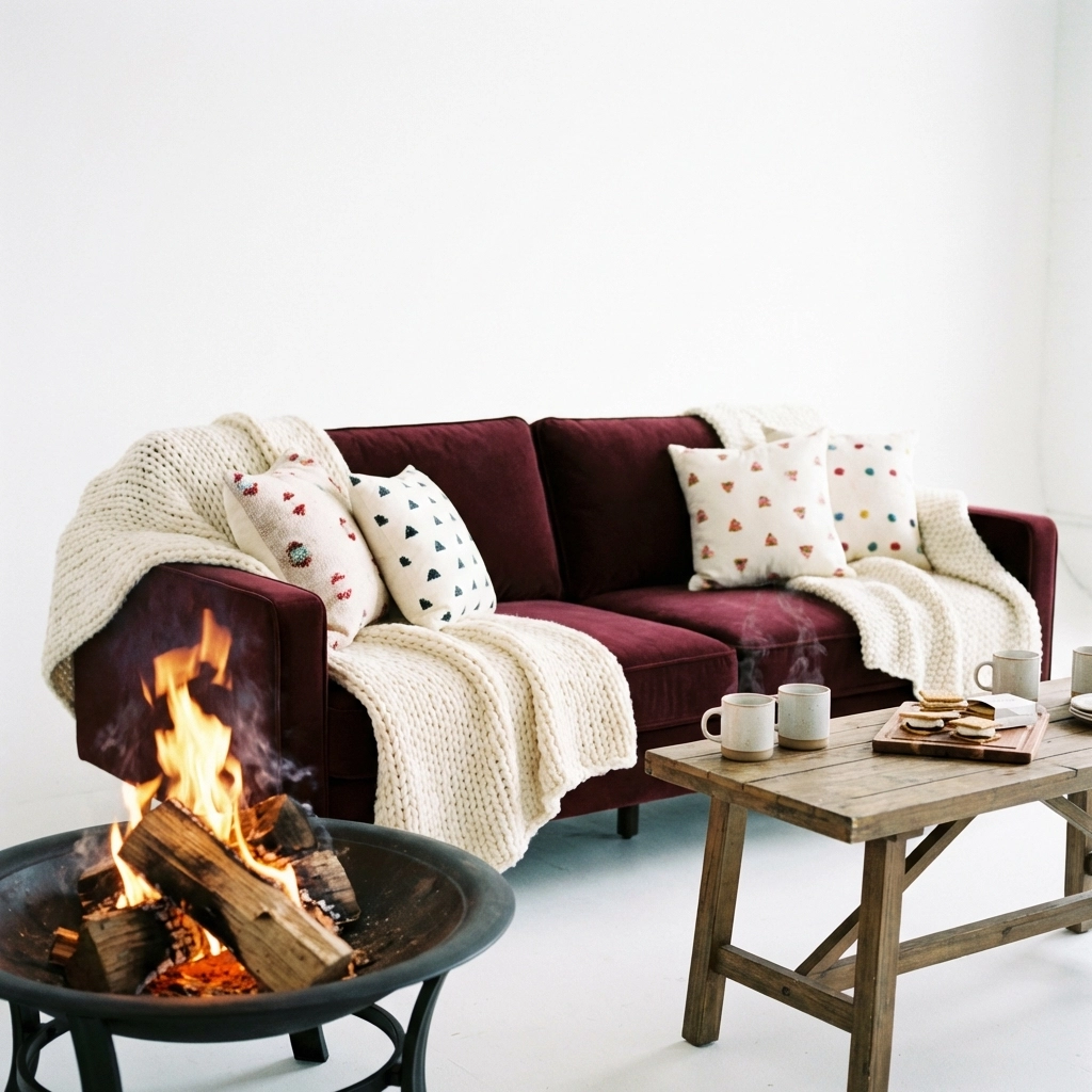 Velvet lounge seating with blankets and coffee table near a fire pit, creating a cozy atmosphere for winter parties