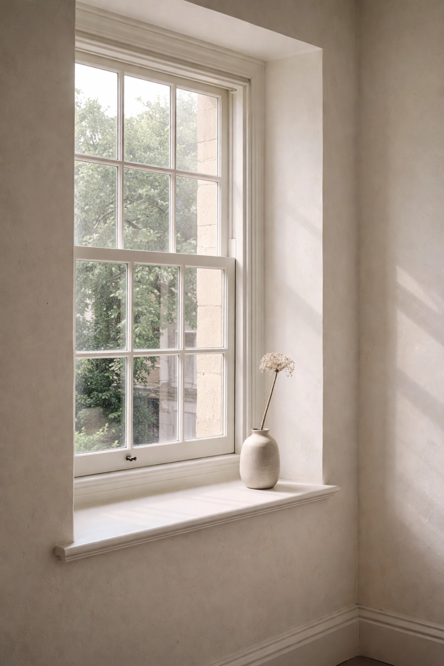 Georgian sash window with limewashed walls in a Cheltenham townhouse, showing a soft, breathable finish.