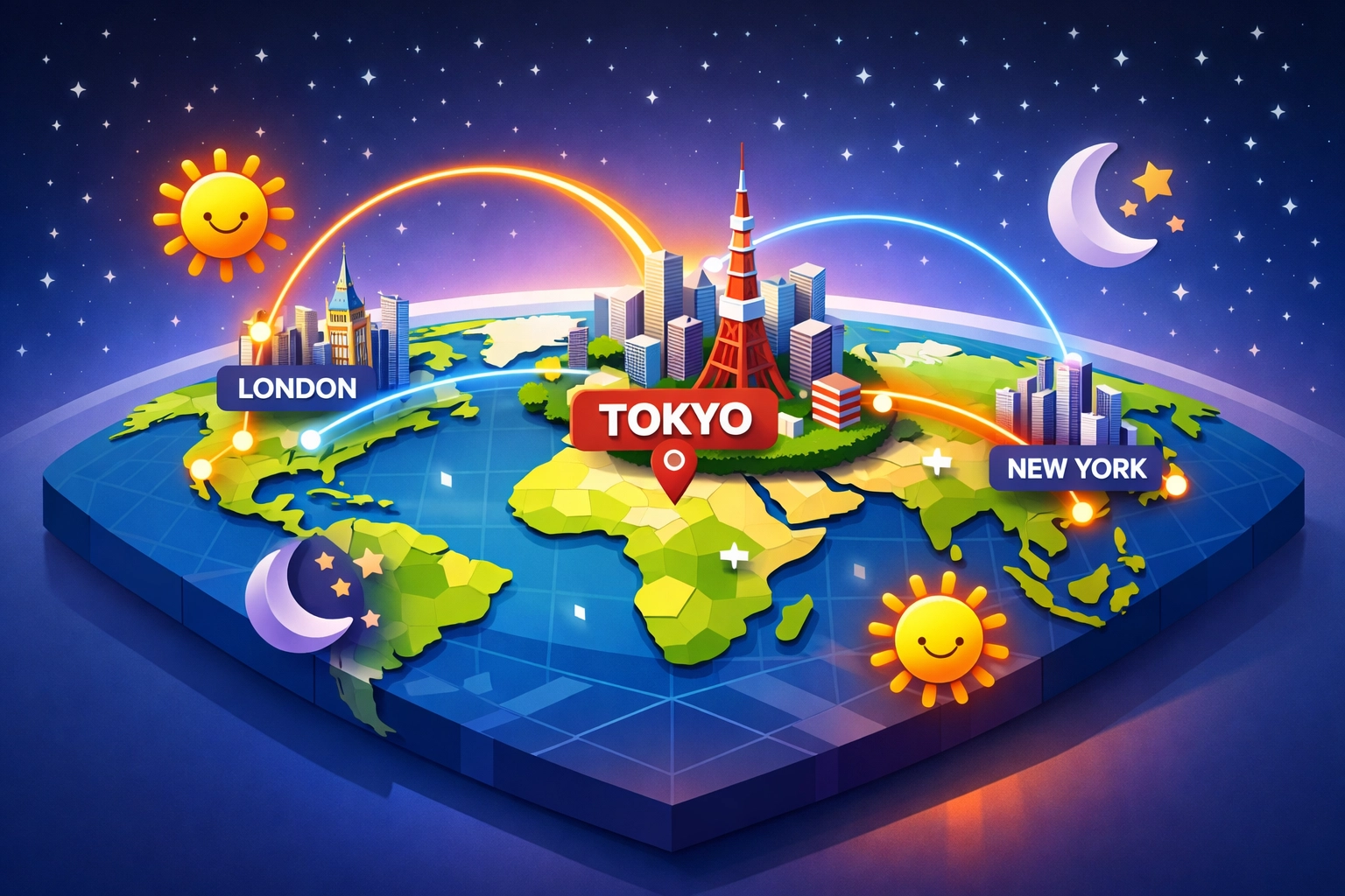 World map centered on Tokyo showing global connectivity lines for international meeting coordination and scheduling.